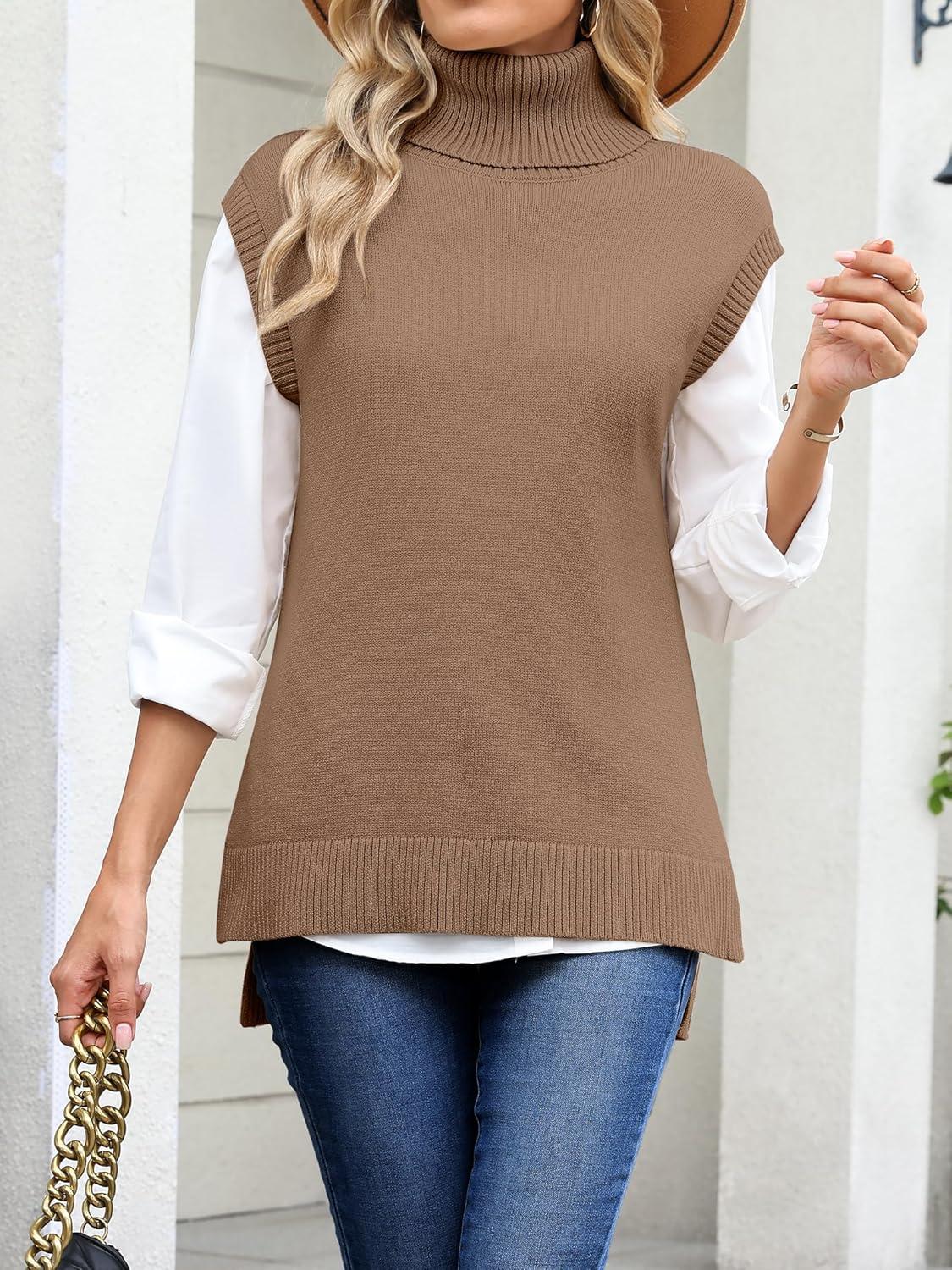 imageANRABESS Sweater Vest Women Turtleneck Sleeveless Loose Fit Pullover Knit Spilt Tank Tops 2025 Casual Trendy Fall OutfitsLight Camel