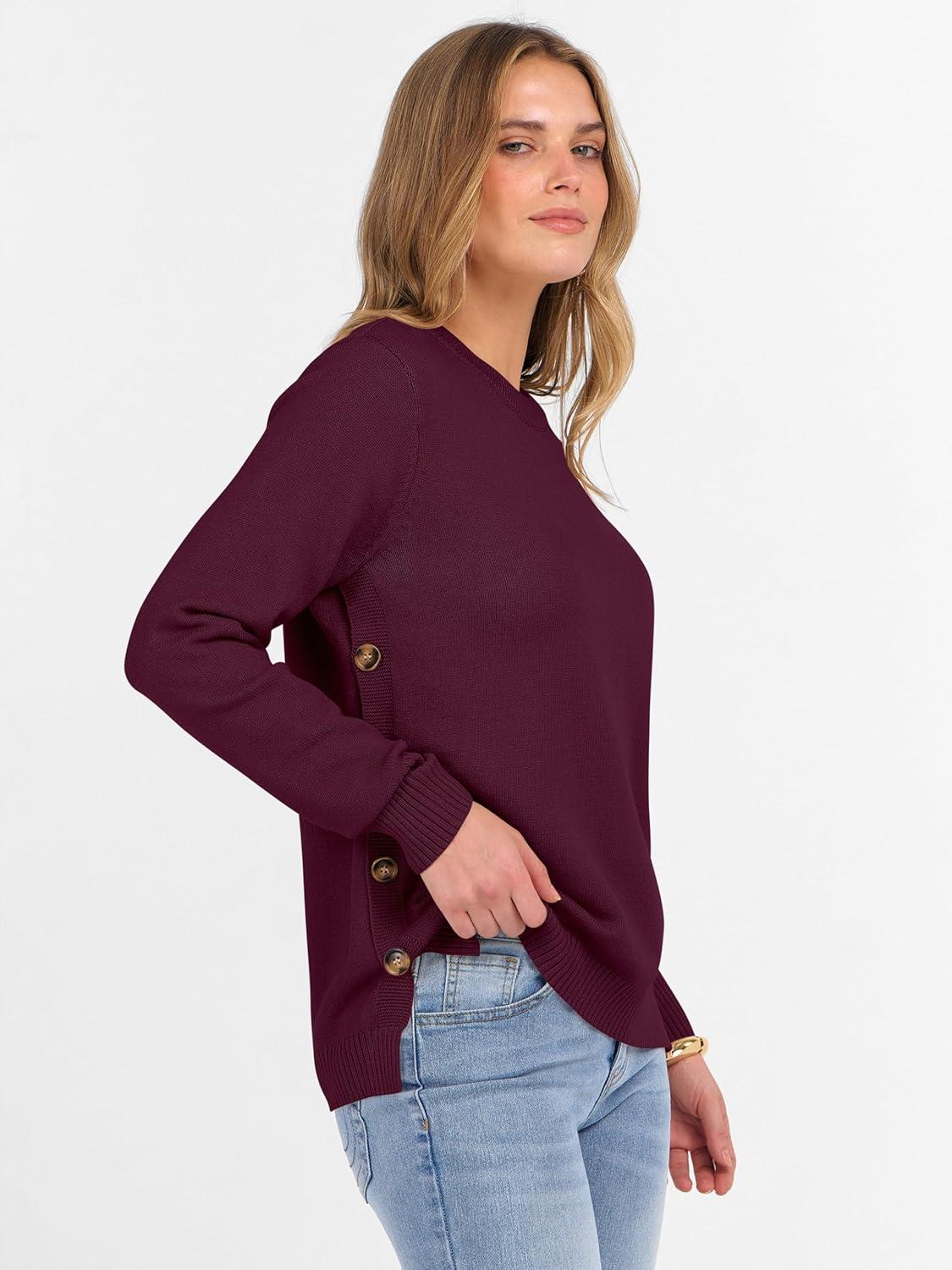 imageANRABESS Sweaters for Women 2025 Fall Long Sleeve Crewneck Knit Casual Loose Side Button Basic Pullover Tops Trendy OutfitsWine Red