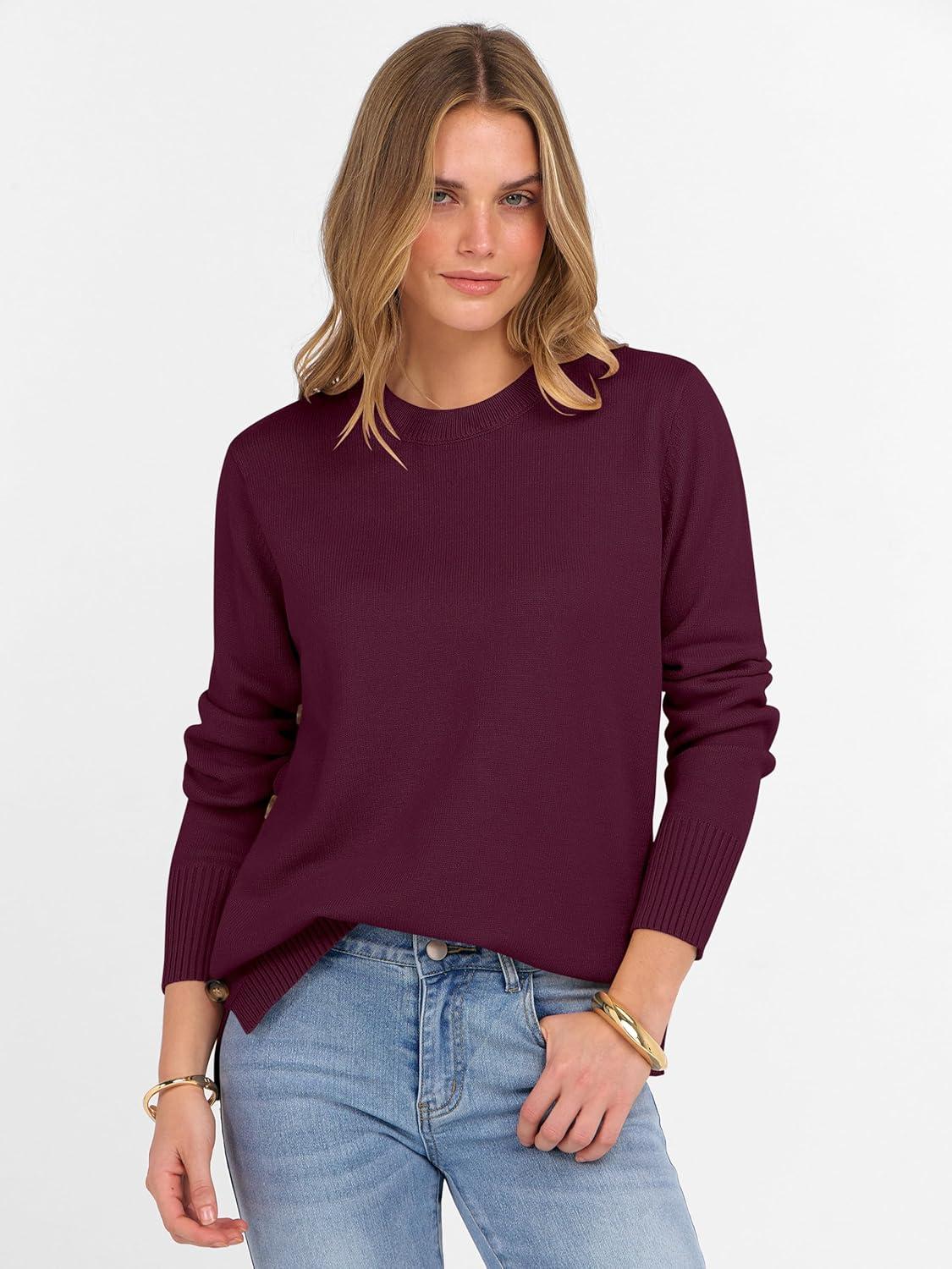 imageANRABESS Sweaters for Women 2025 Fall Long Sleeve Crewneck Knit Casual Loose Side Button Basic Pullover Tops Trendy OutfitsWine Red