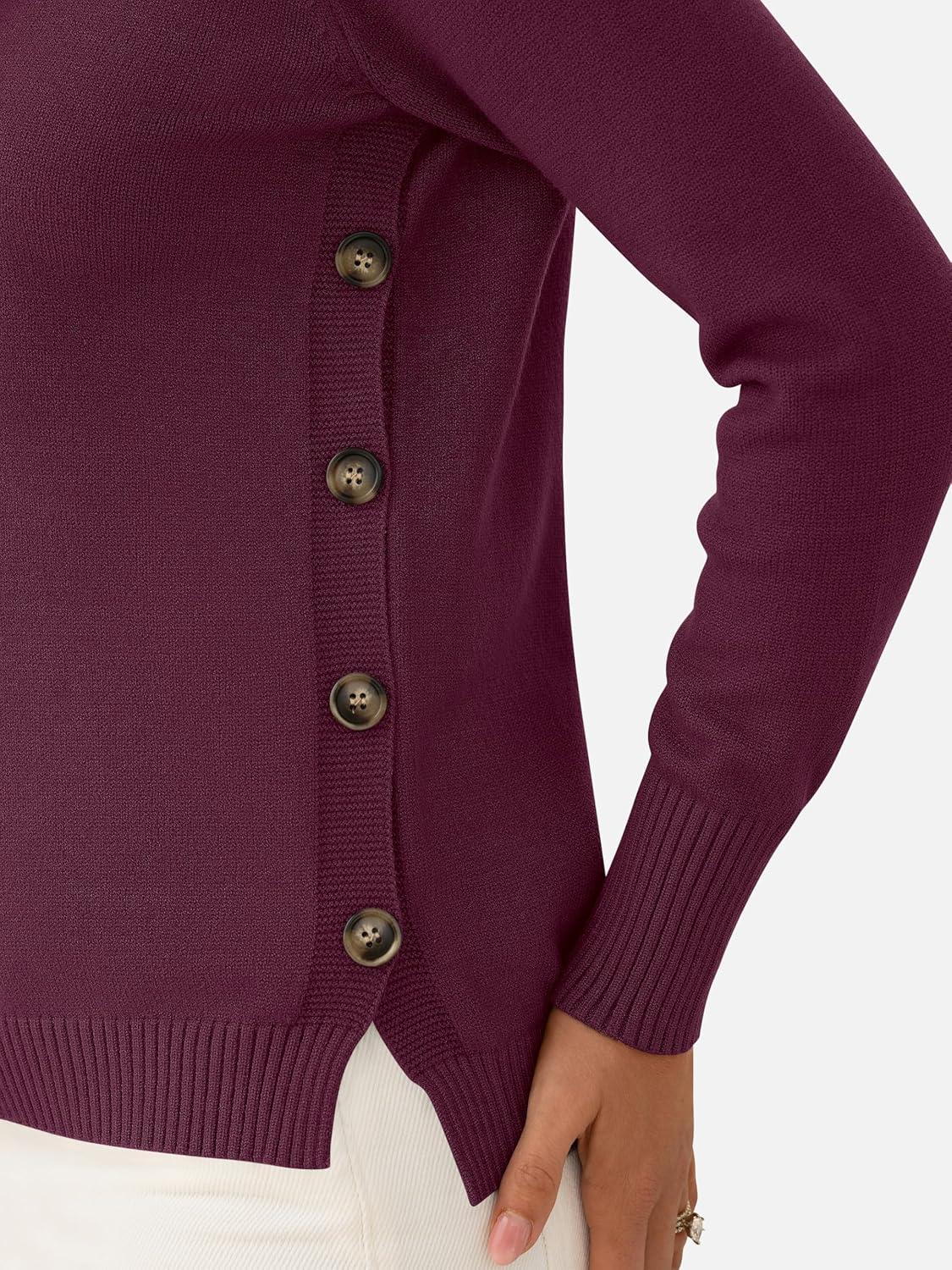 imageANRABESS Sweaters for Women 2025 Fall Long Sleeve Crewneck Knit Casual Loose Side Button Basic Pullover Tops Trendy OutfitsWine Red