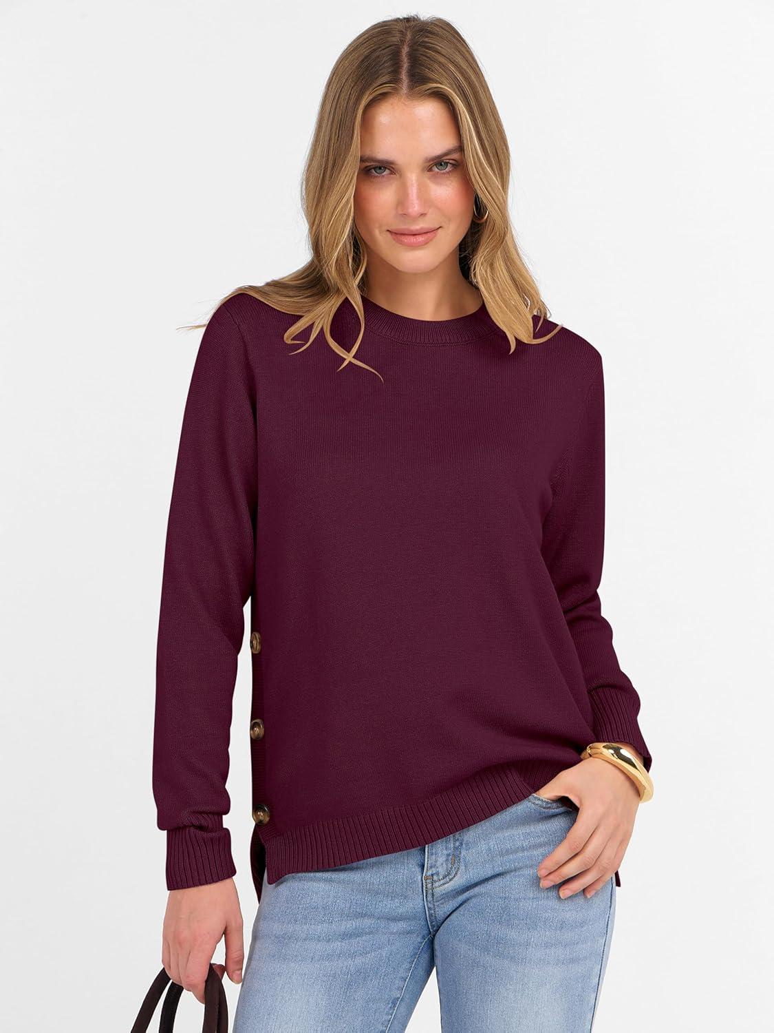 imageANRABESS Sweaters for Women 2025 Fall Long Sleeve Crewneck Knit Casual Loose Side Button Basic Pullover Tops Trendy OutfitsWine Red