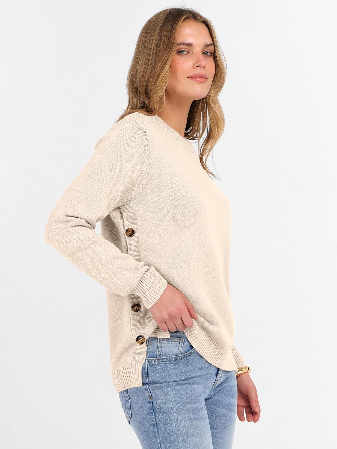 imageANRABESS Sweaters for Women 2025 Fall Long Sleeve Crewneck Knit Casual Loose Side Button Basic Pullover Tops Trendy OutfitsYellow Apricot