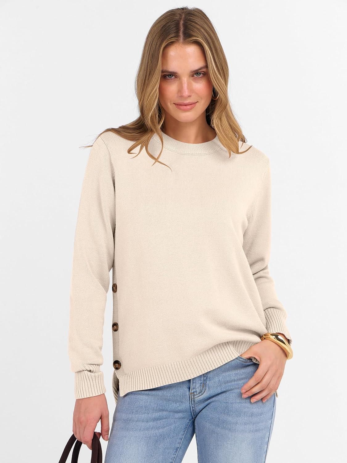 imageANRABESS Sweaters for Women 2025 Fall Long Sleeve Crewneck Knit Casual Loose Side Button Basic Pullover Tops Trendy OutfitsYellow Apricot