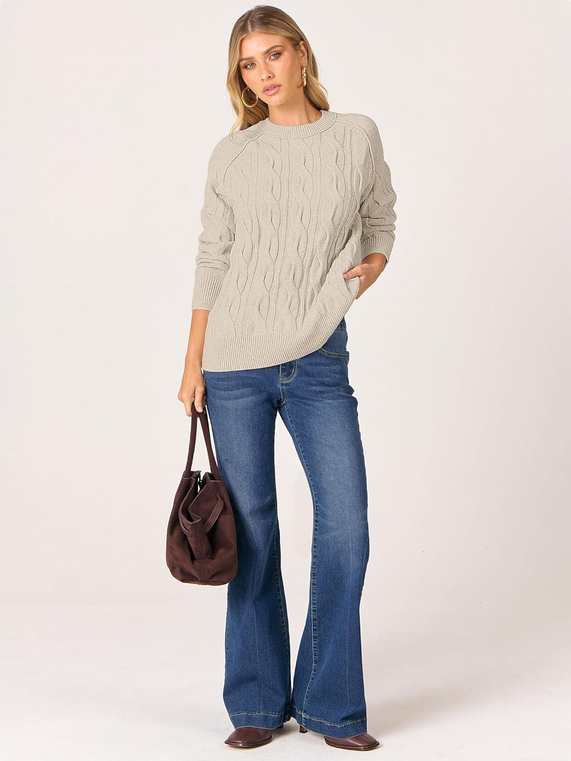 imageANRABESS Sweaters for Women Long Sleeve Crewneck Cable Knit Casual Loose Pullover Tops 2025 Trendy Fall Vintage OutfitsAlmond