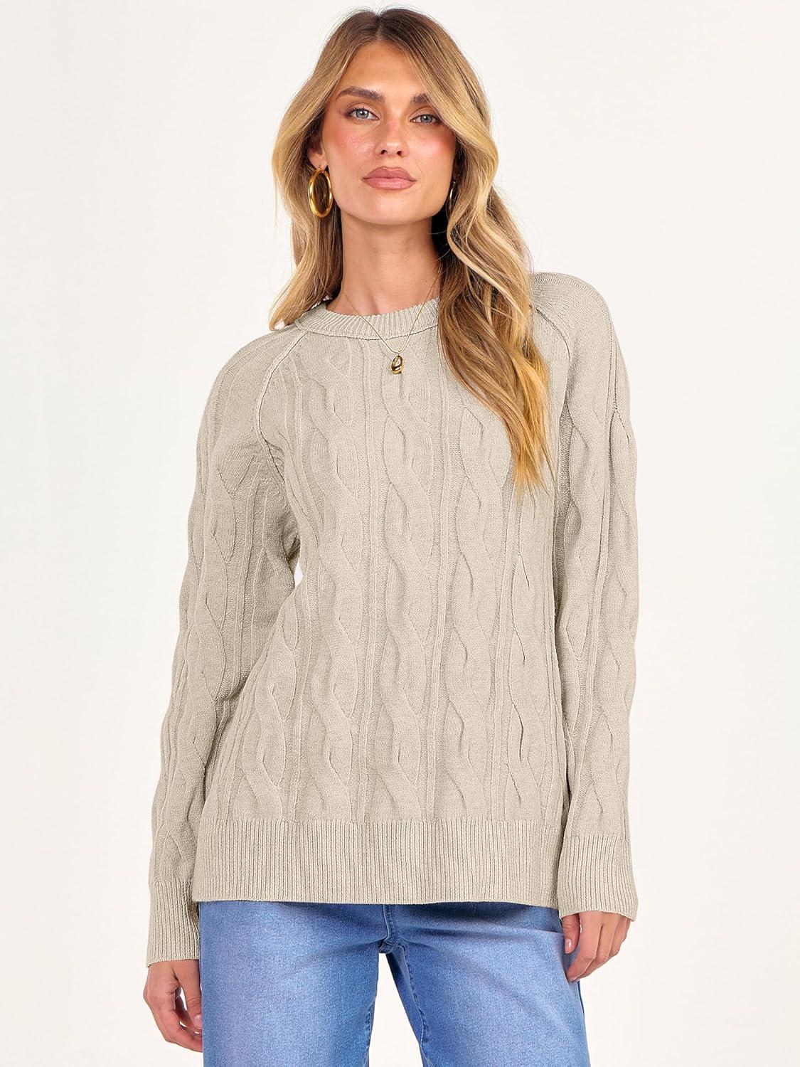 imageANRABESS Sweaters for Women Long Sleeve Crewneck Cable Knit Casual Loose Pullover Tops 2025 Trendy Fall Vintage OutfitsAlmond