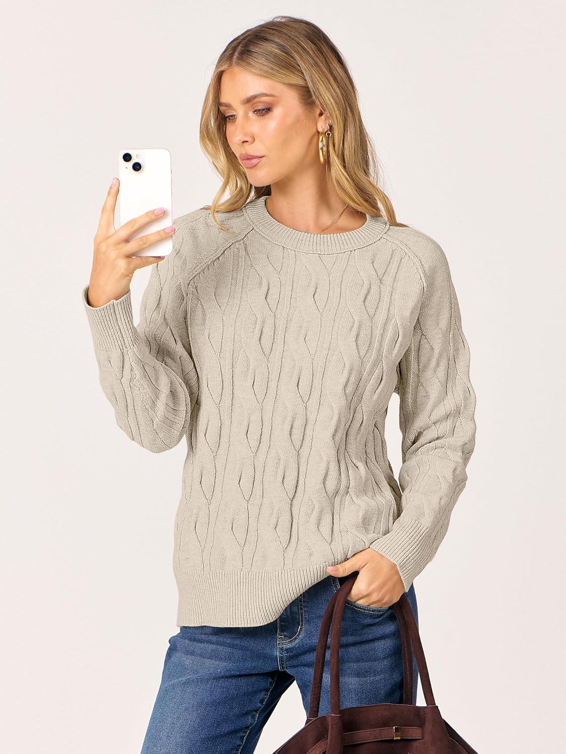 imageANRABESS Sweaters for Women Long Sleeve Crewneck Cable Knit Casual Loose Pullover Tops 2025 Trendy Fall Vintage OutfitsAlmond