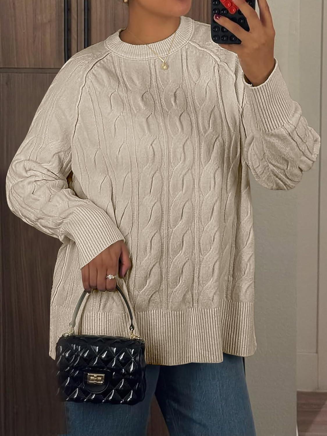 imageANRABESS Sweaters for Women Long Sleeve Crewneck Cable Knit Casual Loose Pullover Tops 2025 Trendy Fall Vintage OutfitsAlmond