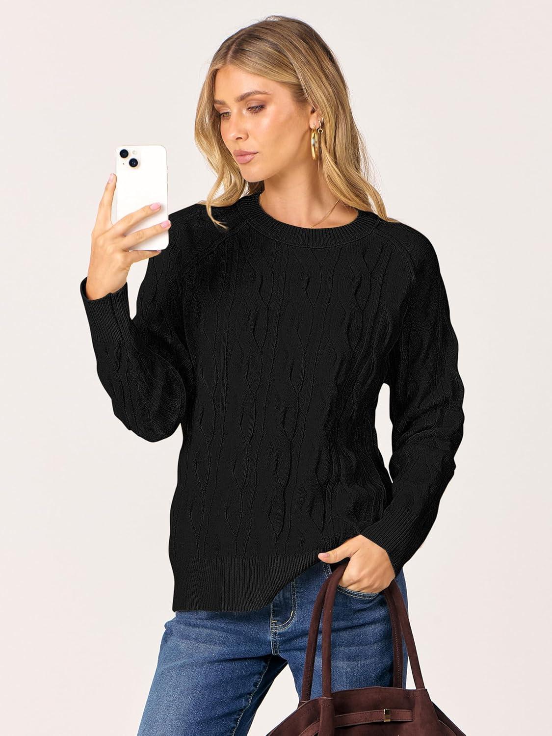 imageANRABESS Sweaters for Women Long Sleeve Crewneck Cable Knit Casual Loose Pullover Tops 2025 Trendy Fall Vintage OutfitsBlack