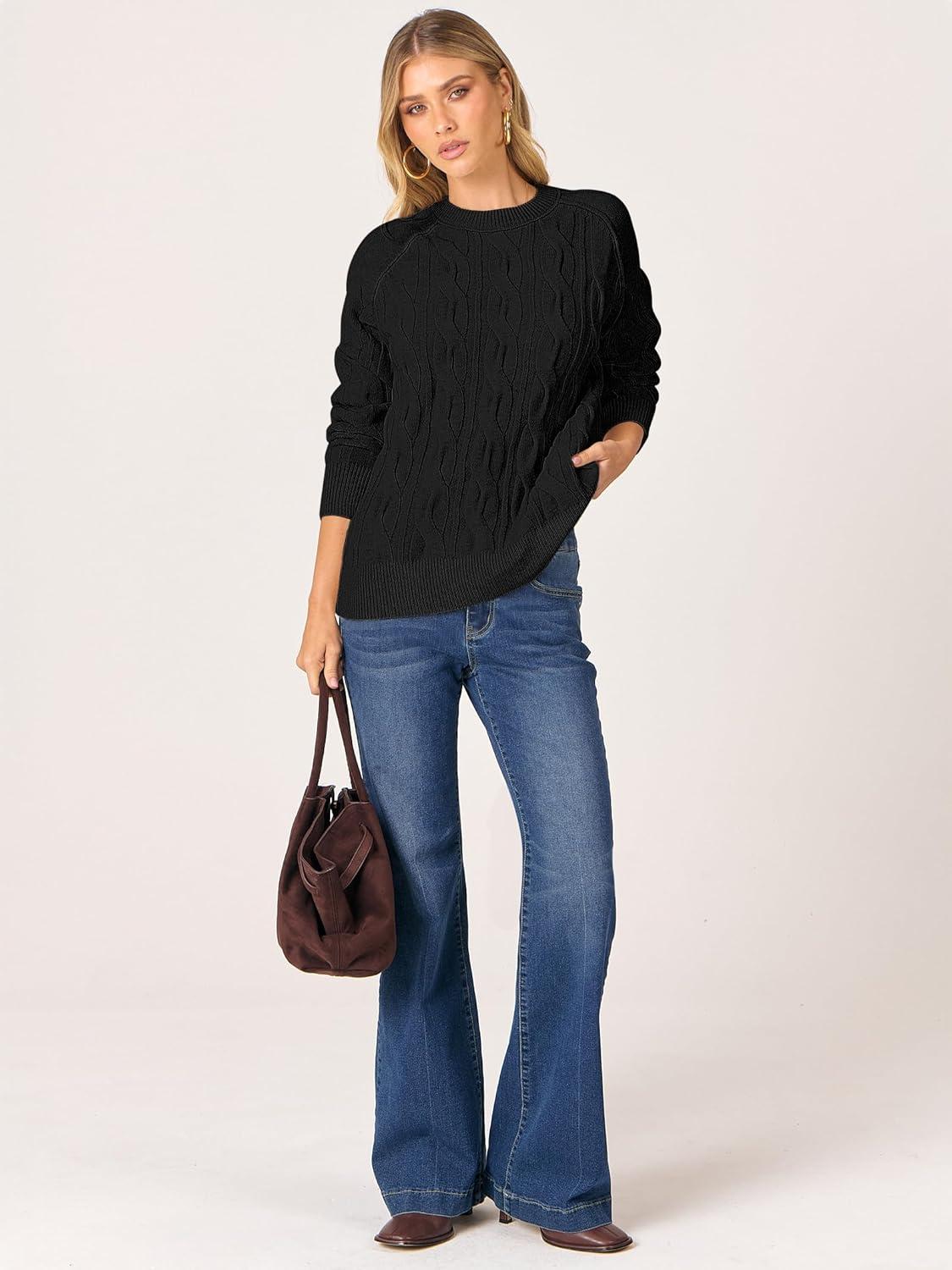 imageANRABESS Sweaters for Women Long Sleeve Crewneck Cable Knit Casual Loose Pullover Tops 2025 Trendy Fall Vintage OutfitsBlack