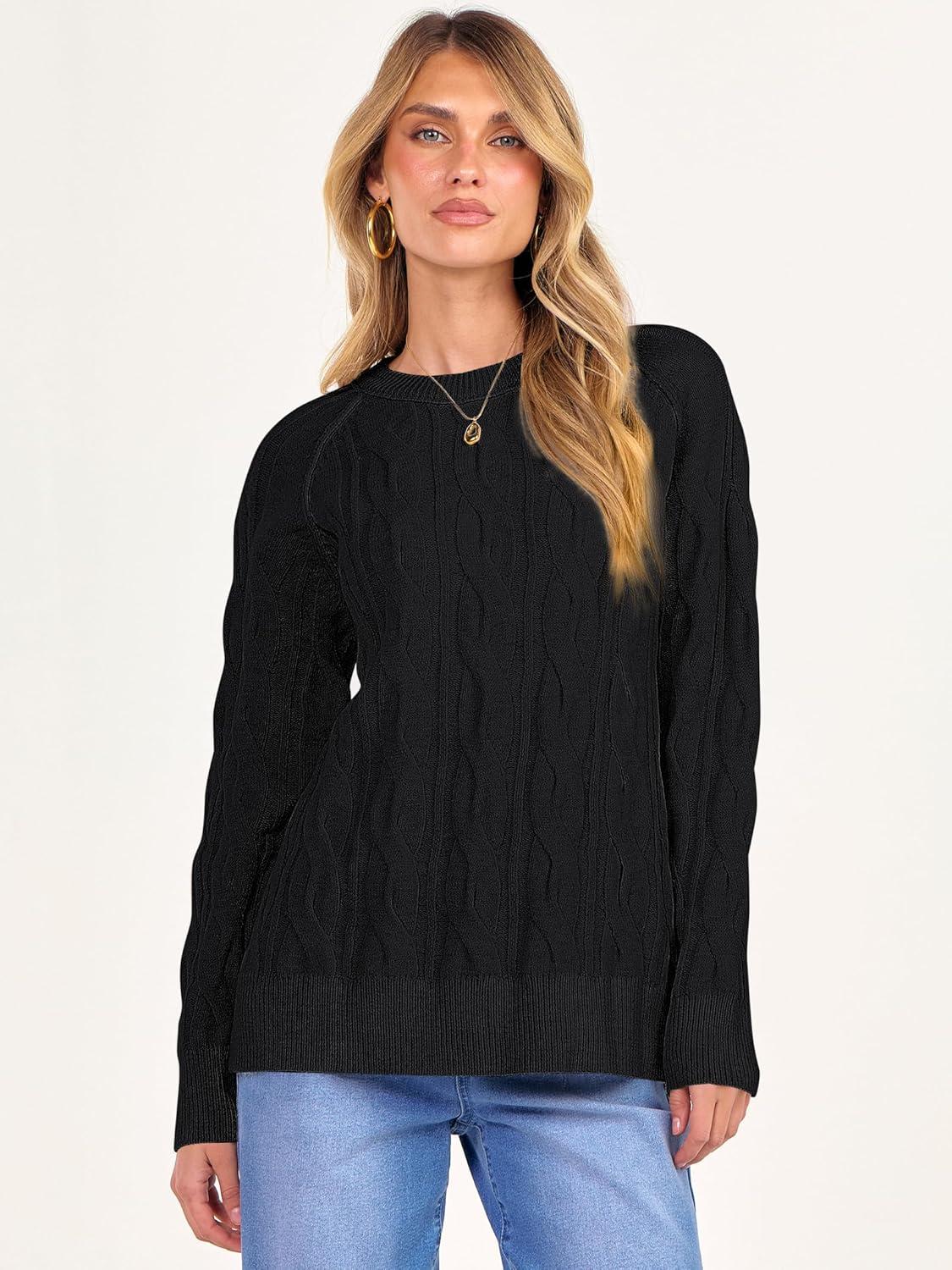 imageANRABESS Sweaters for Women Long Sleeve Crewneck Cable Knit Casual Loose Pullover Tops 2025 Trendy Fall Vintage OutfitsBlack