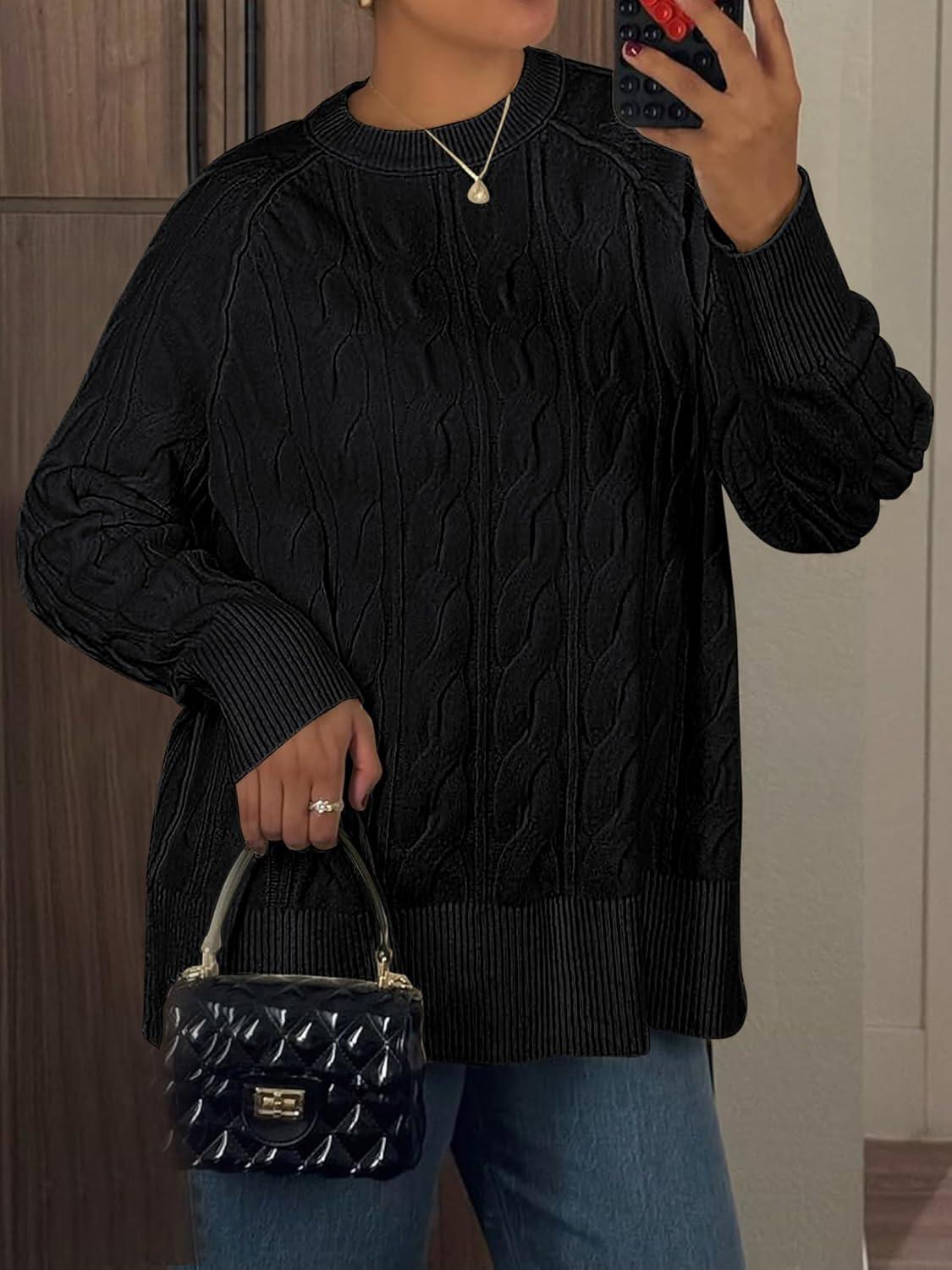 imageANRABESS Sweaters for Women Long Sleeve Crewneck Cable Knit Casual Loose Pullover Tops 2025 Trendy Fall Vintage OutfitsBlack