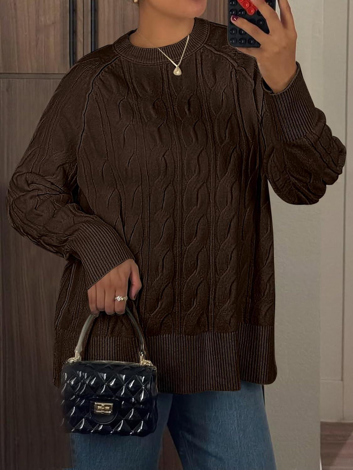 imageANRABESS Sweaters for Women Long Sleeve Crewneck Cable Knit Casual Loose Pullover Tops 2025 Trendy Fall Vintage OutfitsCoffee