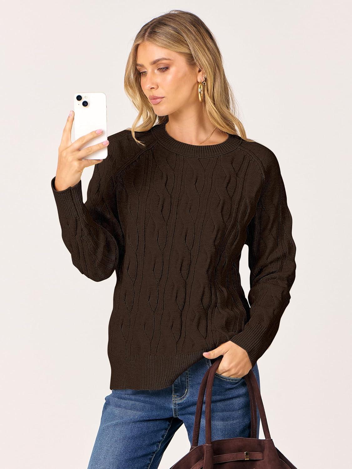 imageANRABESS Sweaters for Women Long Sleeve Crewneck Cable Knit Casual Loose Pullover Tops 2025 Trendy Fall Vintage OutfitsCoffee