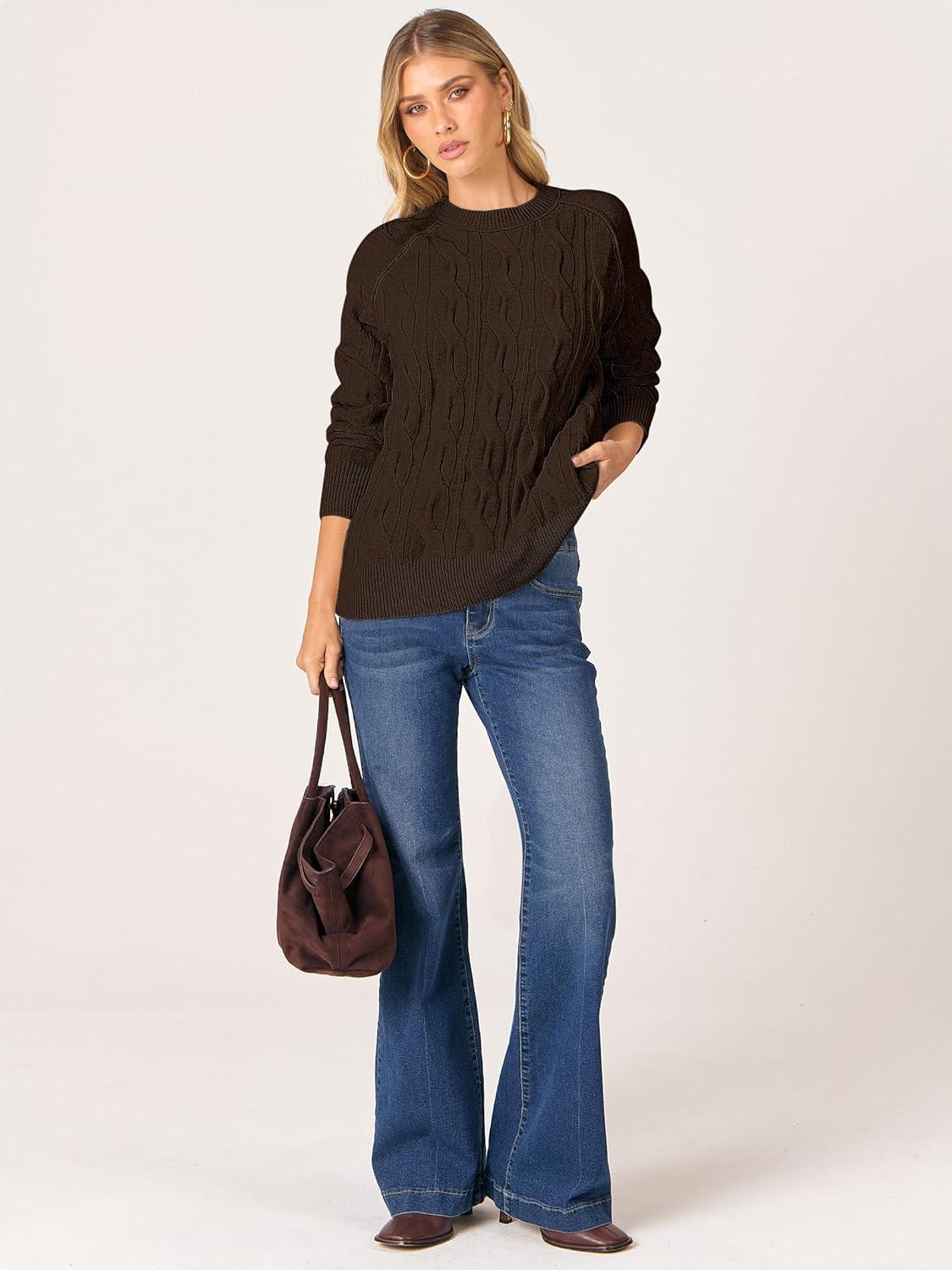 imageANRABESS Sweaters for Women Long Sleeve Crewneck Cable Knit Casual Loose Pullover Tops 2025 Trendy Fall Vintage OutfitsCoffee