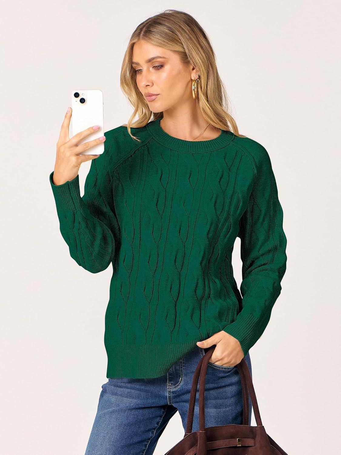 imageANRABESS Sweaters for Women Long Sleeve Crewneck Cable Knit Casual Loose Pullover Tops 2025 Trendy Fall Vintage OutfitsForest Green