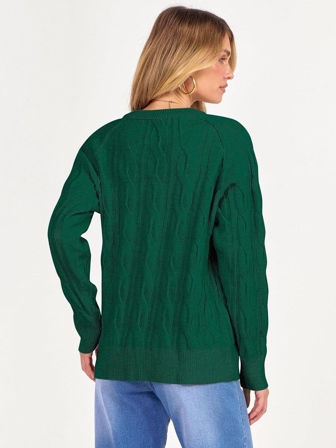 imageANRABESS Sweaters for Women Long Sleeve Crewneck Cable Knit Casual Loose Pullover Tops 2025 Trendy Fall Vintage OutfitsForest Green