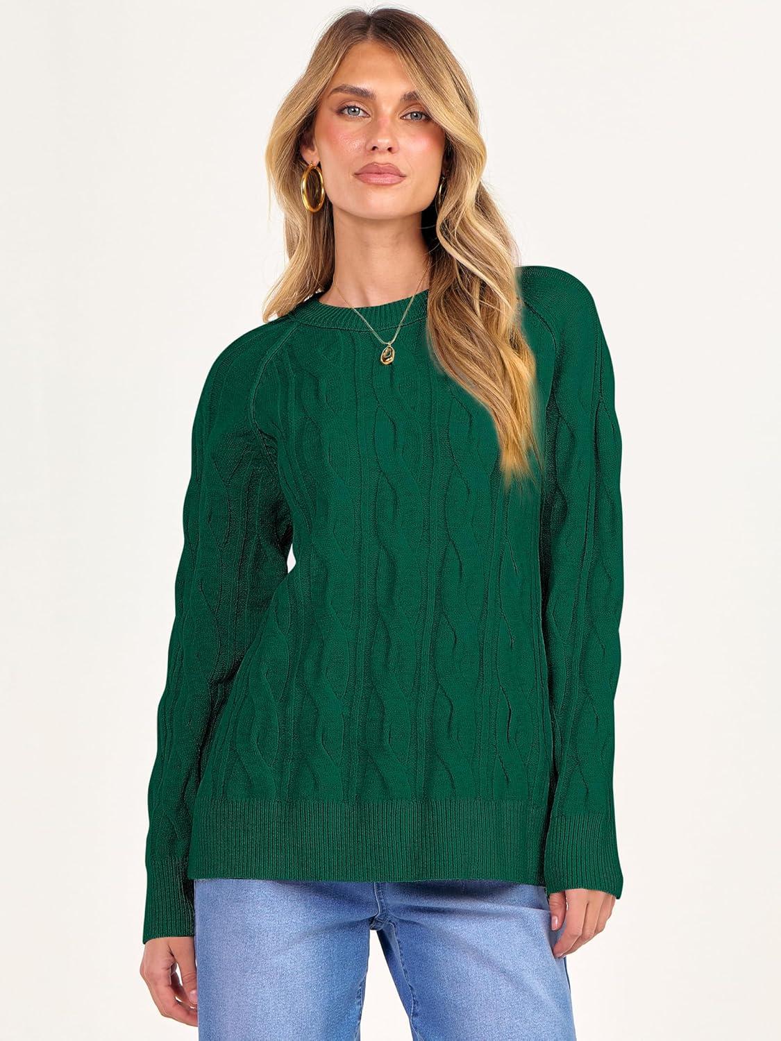 imageANRABESS Sweaters for Women Long Sleeve Crewneck Cable Knit Casual Loose Pullover Tops 2025 Trendy Fall Vintage OutfitsForest Green