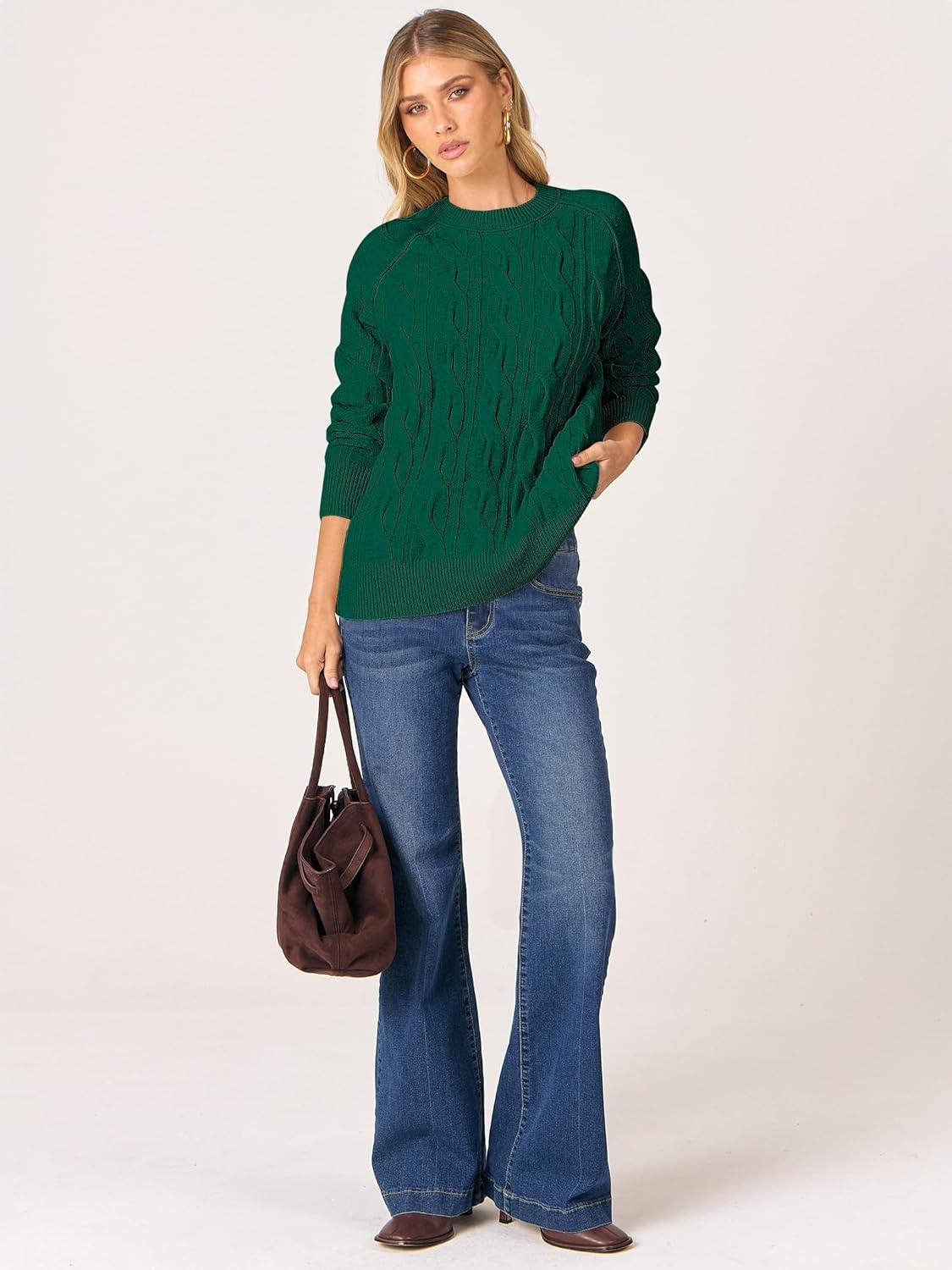 imageANRABESS Sweaters for Women Long Sleeve Crewneck Cable Knit Casual Loose Pullover Tops 2025 Trendy Fall Vintage OutfitsForest Green