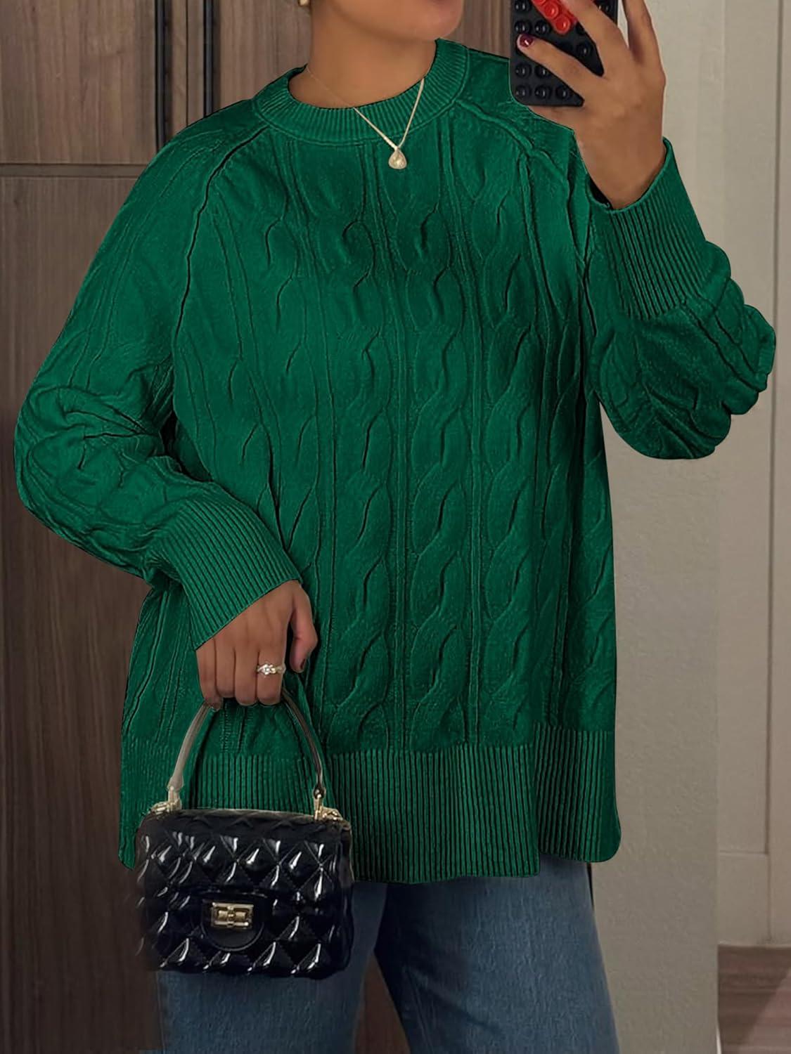 imageANRABESS Sweaters for Women Long Sleeve Crewneck Cable Knit Casual Loose Pullover Tops 2025 Trendy Fall Vintage OutfitsForest Green