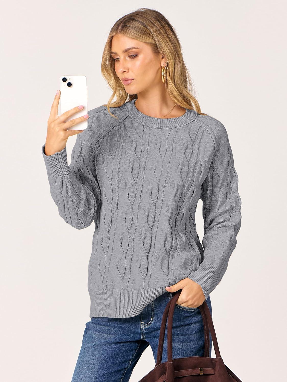 imageANRABESS Sweaters for Women Long Sleeve Crewneck Cable Knit Casual Loose Pullover Tops 2025 Trendy Fall Vintage OutfitsGrey