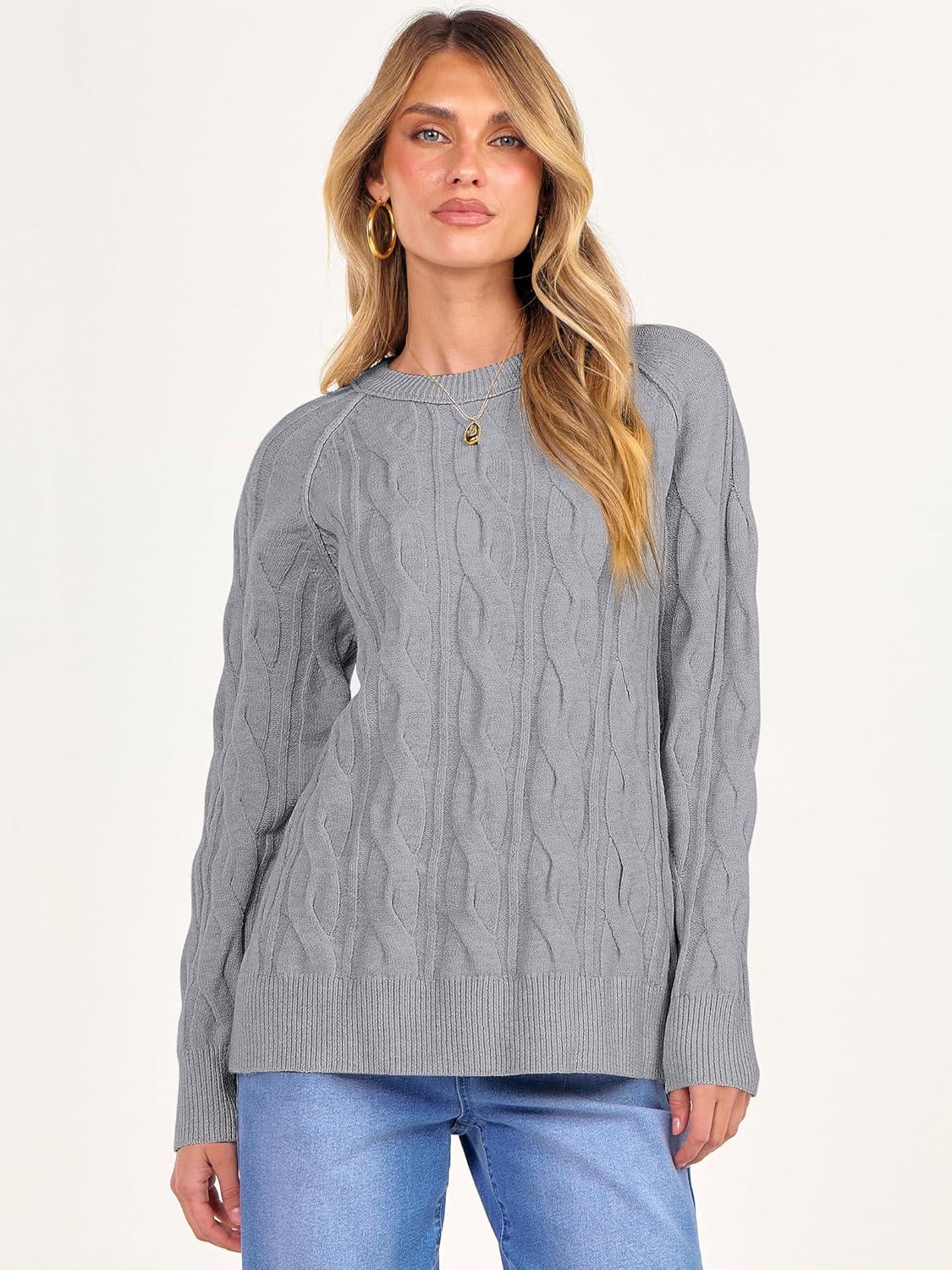 imageANRABESS Sweaters for Women Long Sleeve Crewneck Cable Knit Casual Loose Pullover Tops 2025 Trendy Fall Vintage OutfitsGrey