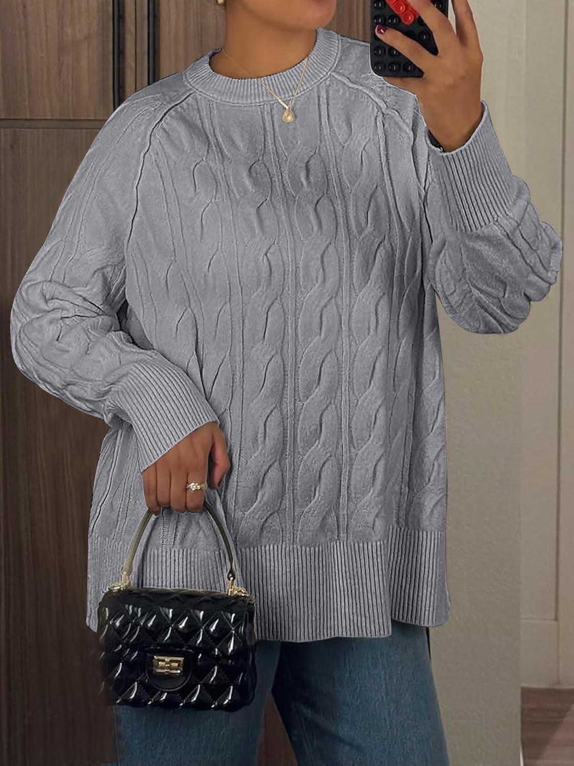 imageANRABESS Sweaters for Women Long Sleeve Crewneck Cable Knit Casual Loose Pullover Tops 2025 Trendy Fall Vintage OutfitsGrey