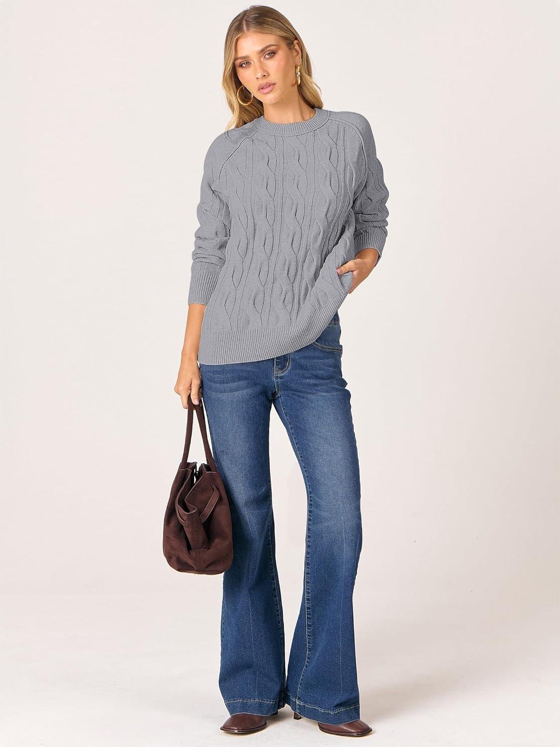 imageANRABESS Sweaters for Women Long Sleeve Crewneck Cable Knit Casual Loose Pullover Tops 2025 Trendy Fall Vintage OutfitsGrey