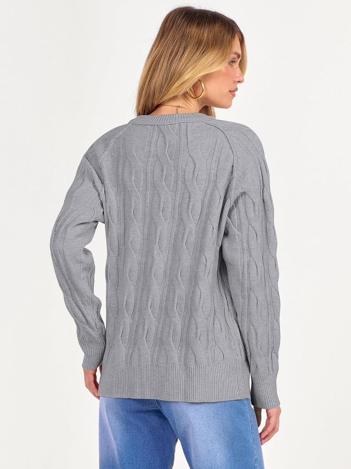 imageANRABESS Sweaters for Women Long Sleeve Crewneck Cable Knit Casual Loose Pullover Tops 2025 Trendy Fall Vintage OutfitsGrey