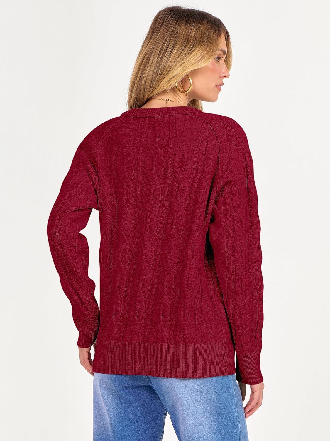 imageANRABESS Sweaters for Women Long Sleeve Crewneck Cable Knit Casual Loose Pullover Tops 2025 Trendy Fall Vintage OutfitsRed