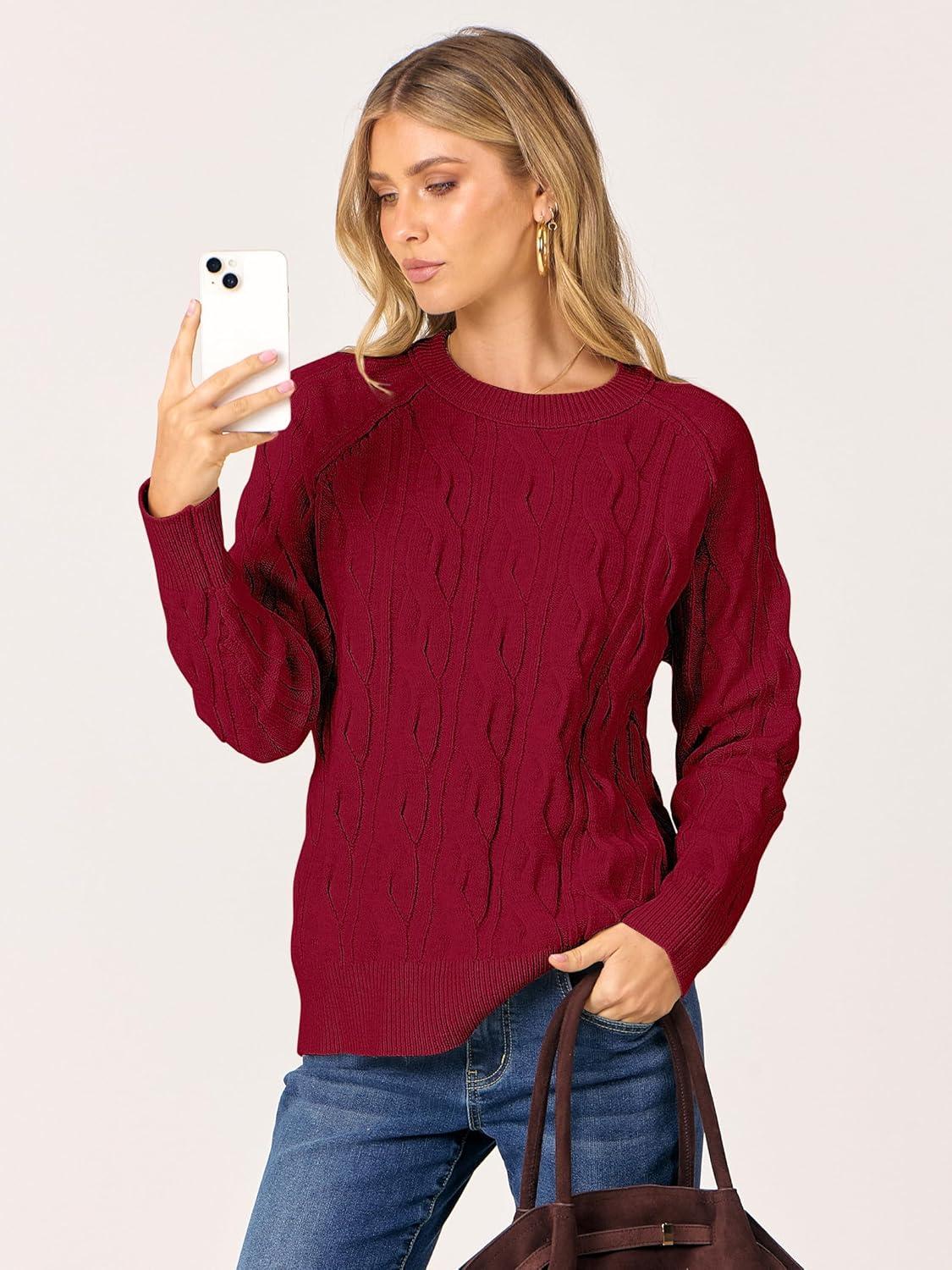 imageANRABESS Sweaters for Women Long Sleeve Crewneck Cable Knit Casual Loose Pullover Tops 2025 Trendy Fall Vintage OutfitsRed