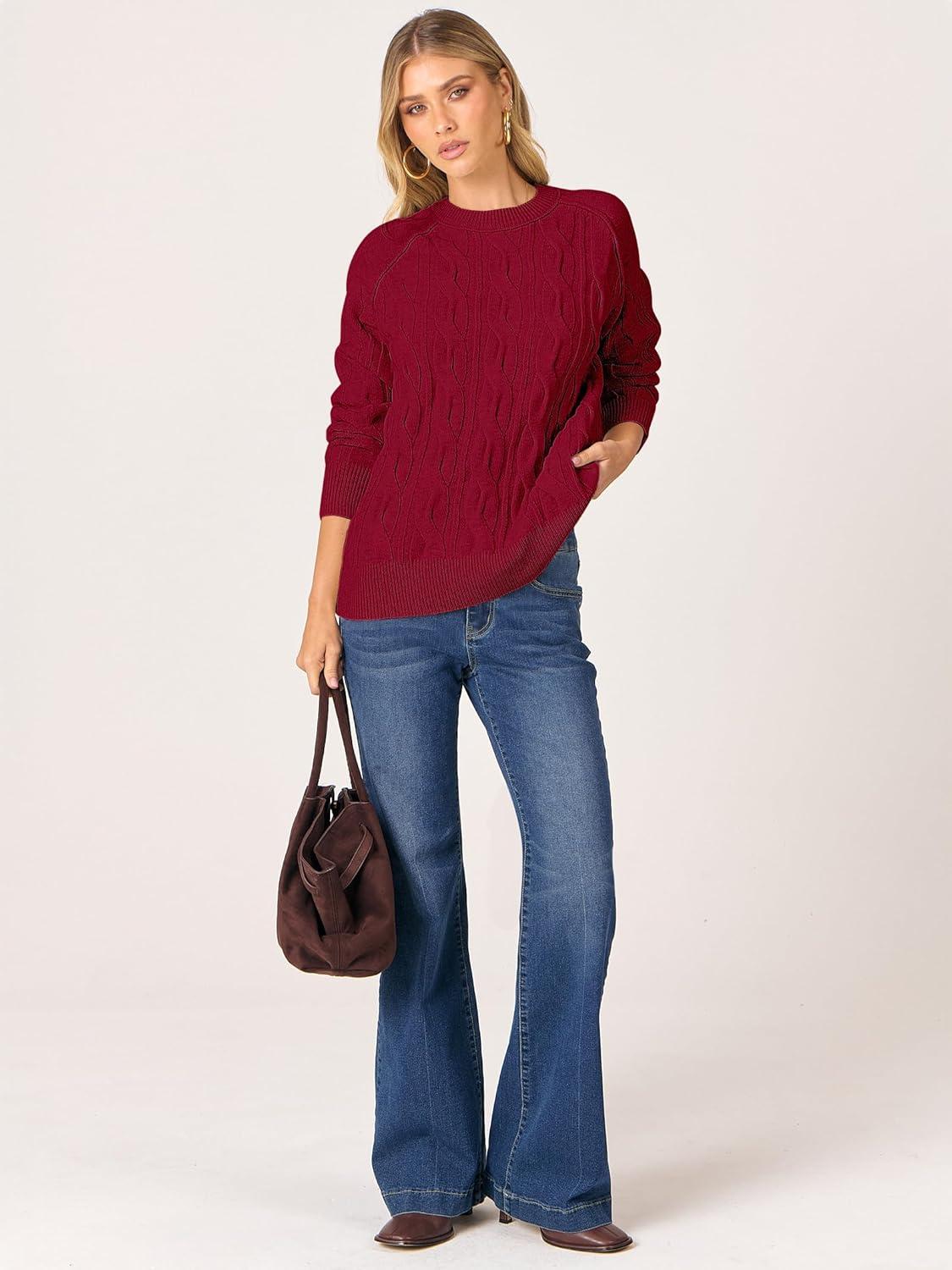 imageANRABESS Sweaters for Women Long Sleeve Crewneck Cable Knit Casual Loose Pullover Tops 2025 Trendy Fall Vintage OutfitsRed