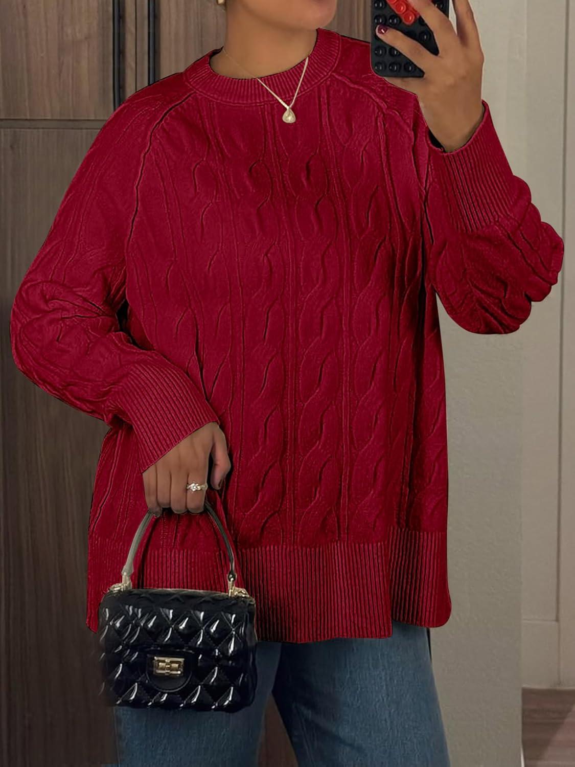 imageANRABESS Sweaters for Women Long Sleeve Crewneck Cable Knit Casual Loose Pullover Tops 2025 Trendy Fall Vintage OutfitsRed