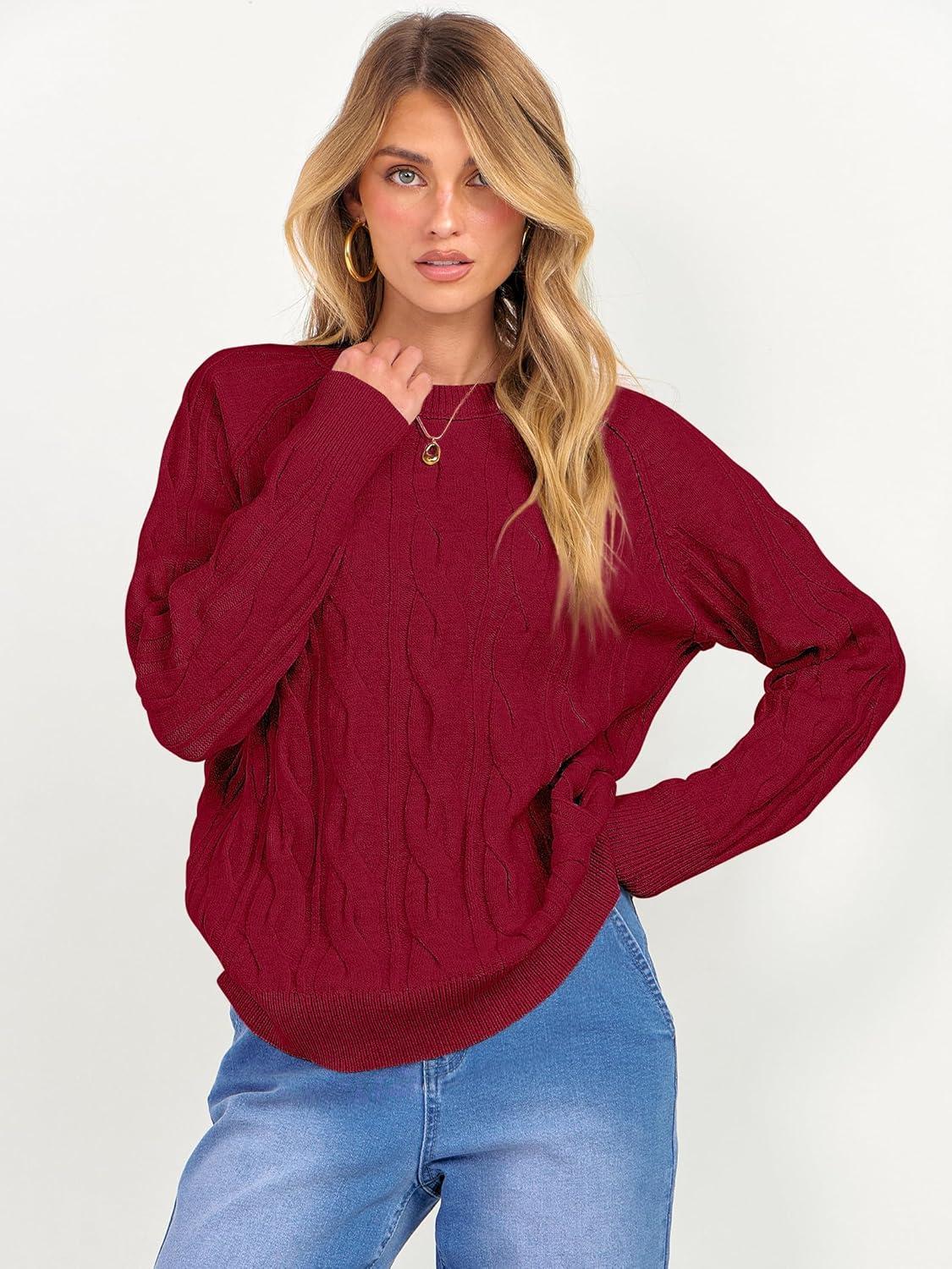 imageANRABESS Sweaters for Women Long Sleeve Crewneck Cable Knit Casual Loose Pullover Tops 2025 Trendy Fall Vintage OutfitsRed