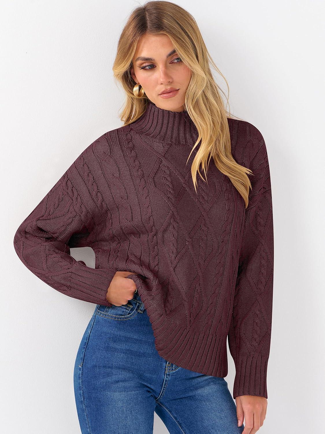 imageANRABESS Sweaters for Women Oversized Long Sleeve Turtleneck Cable Knit Casual Loose Pullover Tops 2025 Fall Trendy OutfitsBurgundy