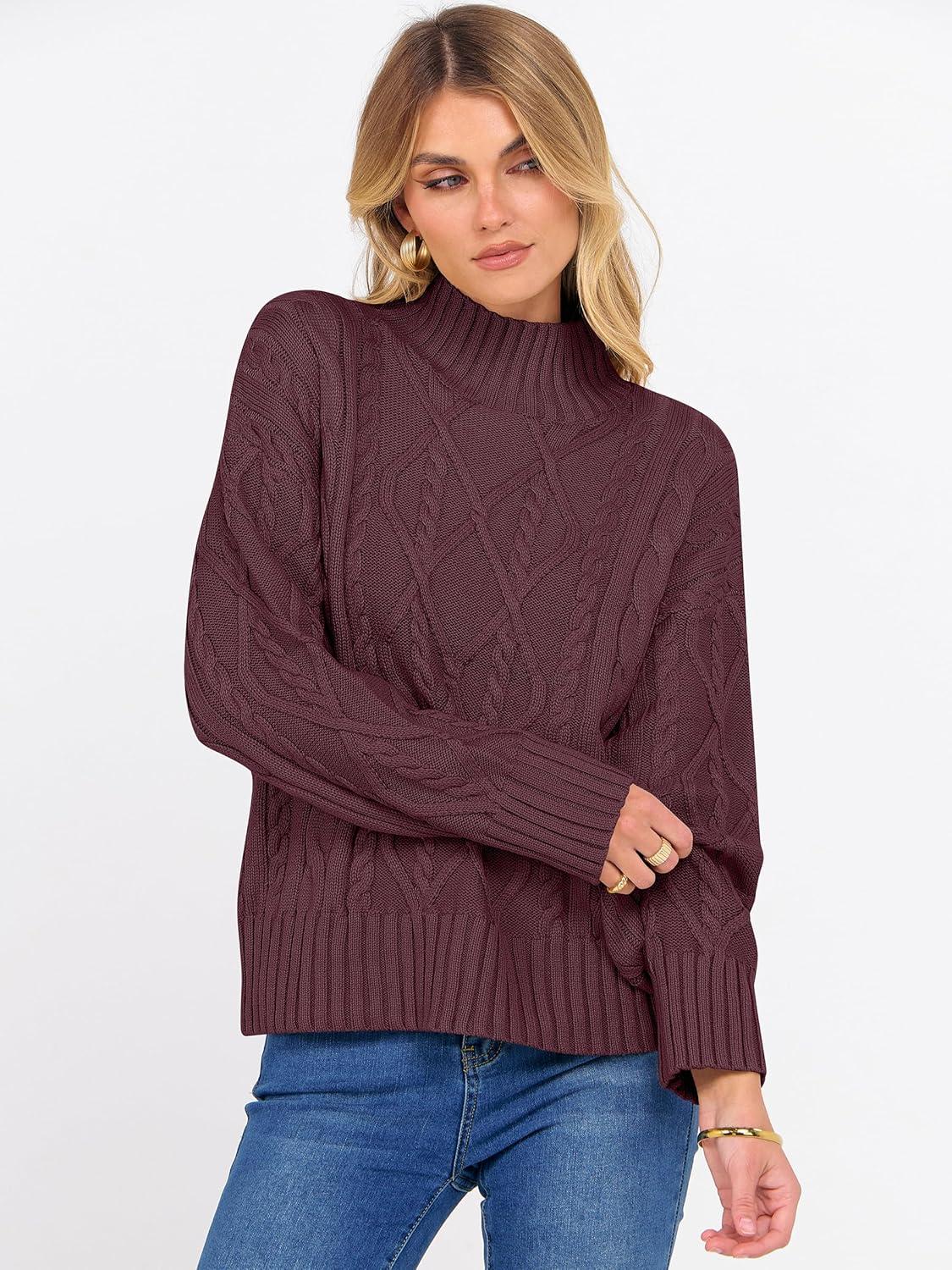 imageANRABESS Sweaters for Women Oversized Long Sleeve Turtleneck Cable Knit Casual Loose Pullover Tops 2025 Fall Trendy OutfitsBurgundy