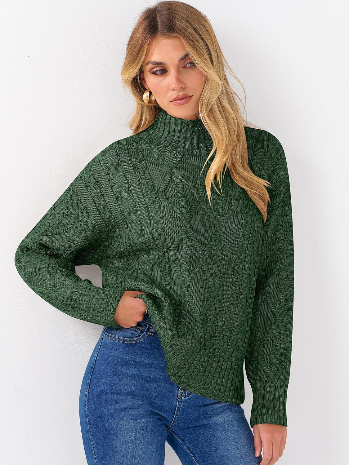 imageANRABESS Sweaters for Women Oversized Long Sleeve Turtleneck Cable Knit Casual Loose Pullover Tops 2025 Fall Trendy OutfitsDeep Green