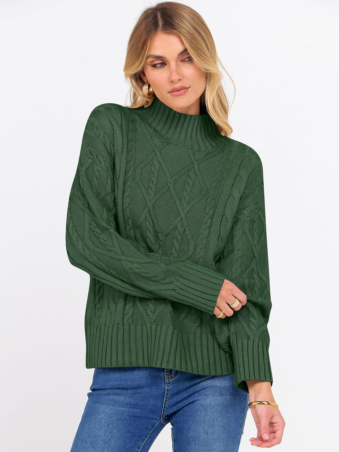 imageANRABESS Sweaters for Women Oversized Long Sleeve Turtleneck Cable Knit Casual Loose Pullover Tops 2025 Fall Trendy OutfitsDeep Green