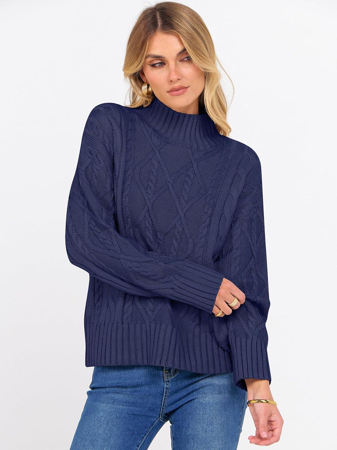 imageANRABESS Sweaters for Women Oversized Long Sleeve Turtleneck Cable Knit Casual Loose Pullover Tops 2025 Fall Trendy OutfitsNavy Blue