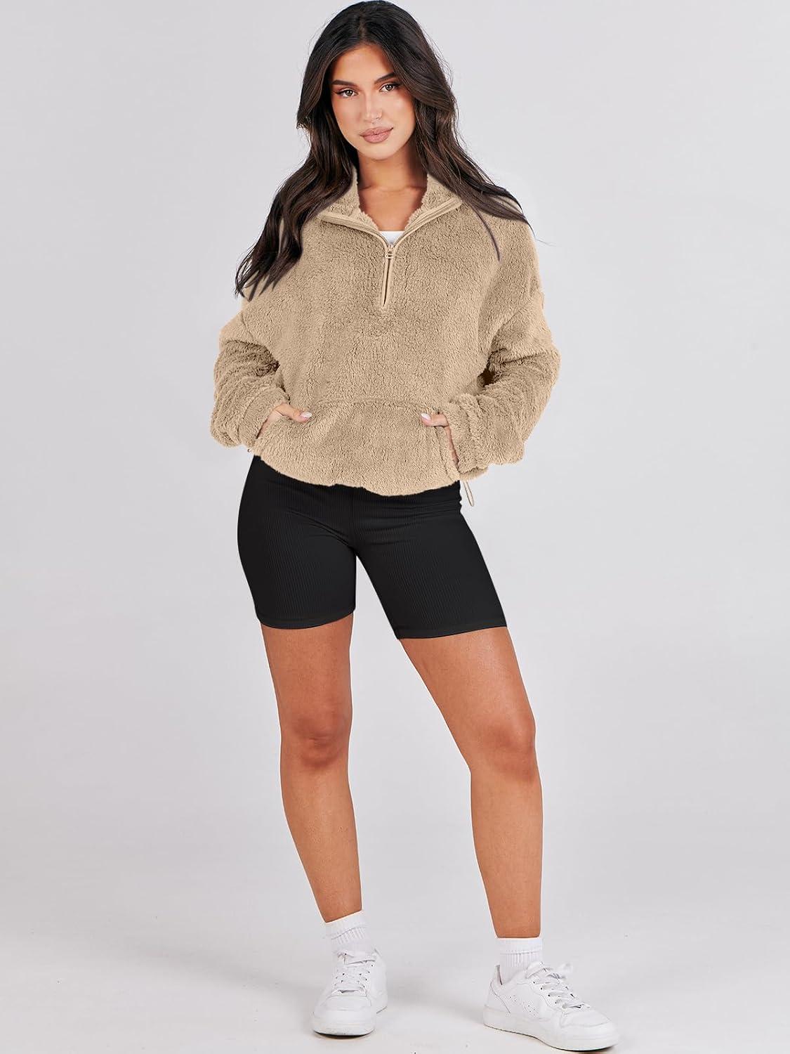 imageANRABESS Sweatshirt for Women Zip Up Hoodies Cropped Pullover Fleece Hooded Sherpa Sweaters Tops 2025 Fall Winter ClothesKhaki