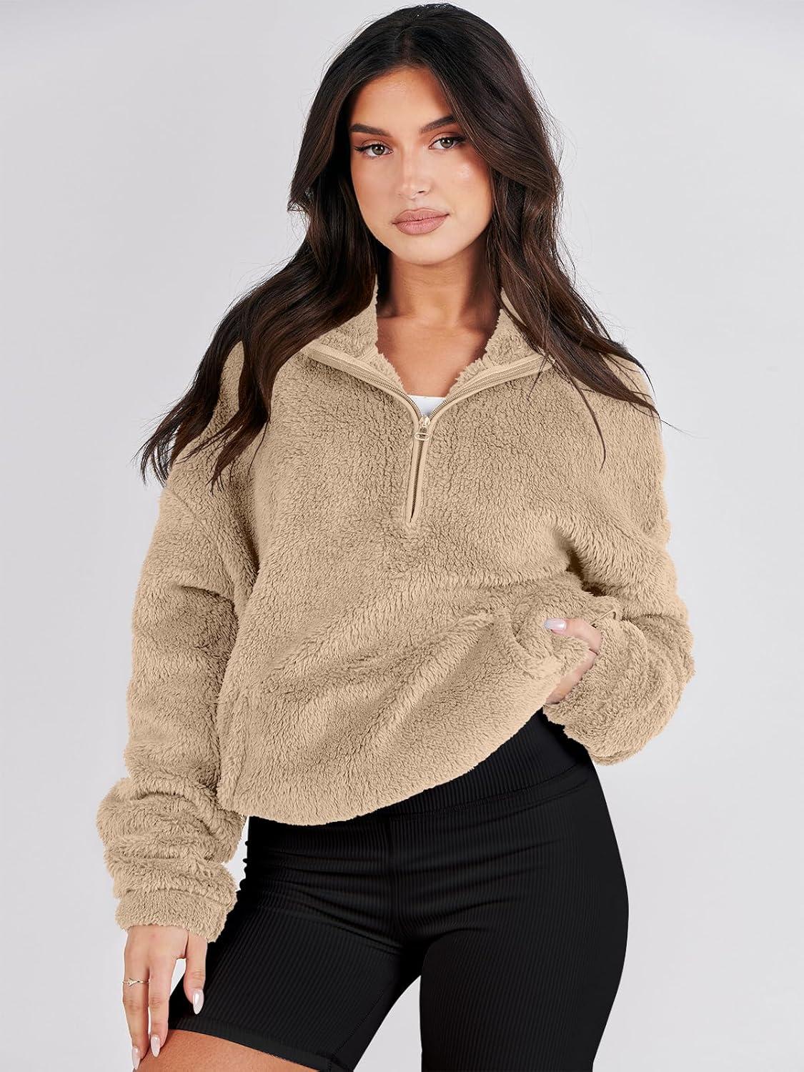 imageANRABESS Sweatshirt for Women Zip Up Hoodies Cropped Pullover Fleece Hooded Sherpa Sweaters Tops 2025 Fall Winter ClothesKhaki