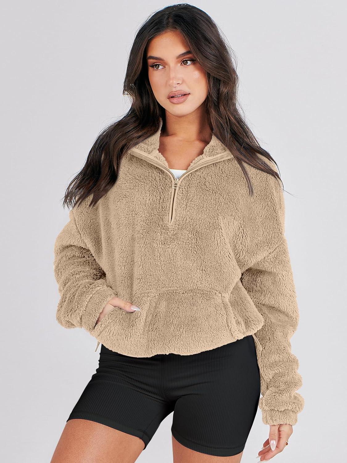 imageANRABESS Sweatshirt for Women Zip Up Hoodies Cropped Pullover Fleece Hooded Sherpa Sweaters Tops 2025 Fall Winter ClothesKhaki