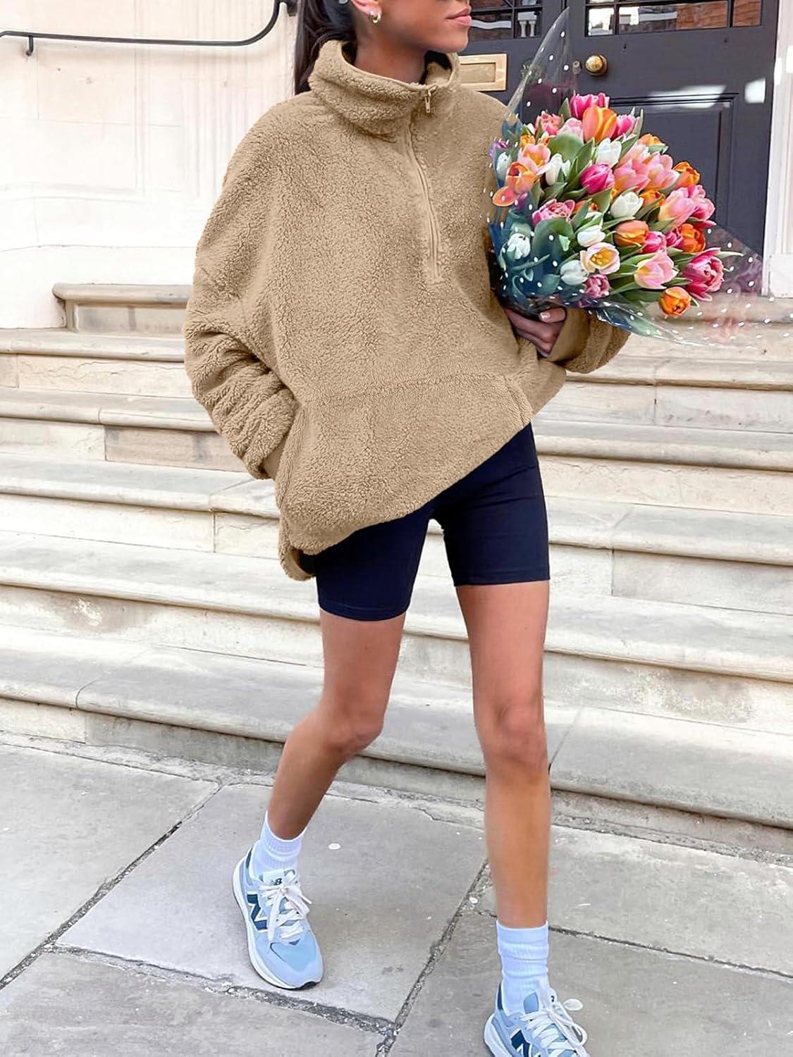 imageANRABESS Sweatshirt for Women Zip Up Hoodies Cropped Pullover Fleece Hooded Sherpa Sweaters Tops 2025 Fall Winter ClothesKhaki