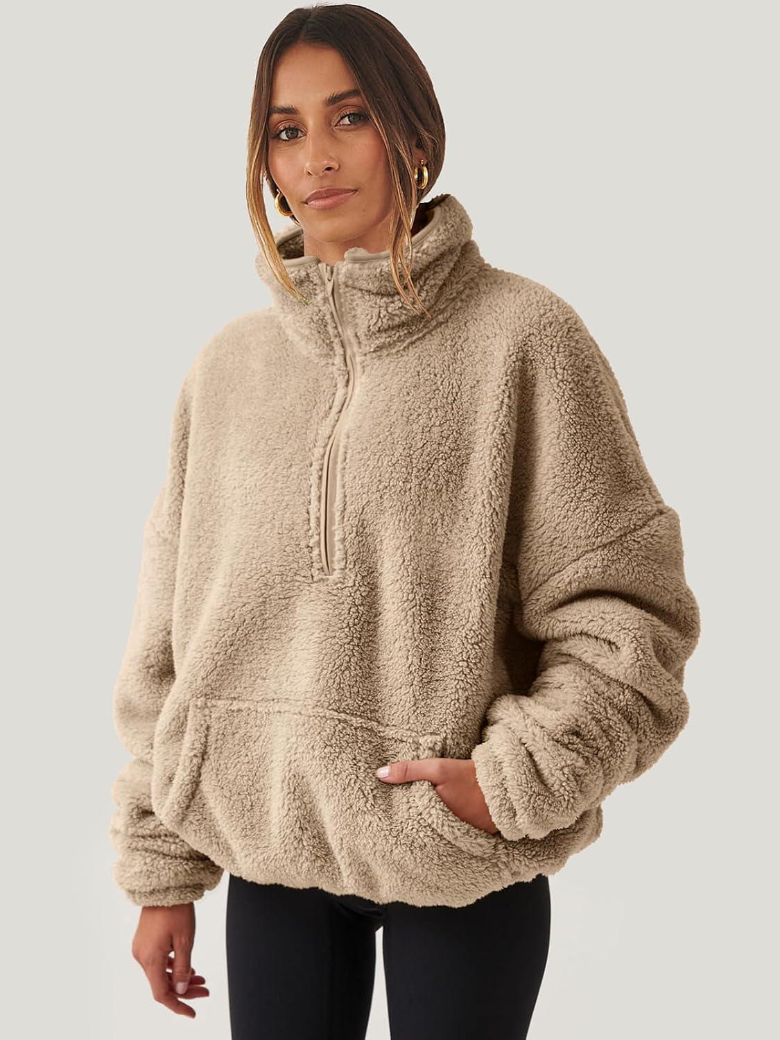 imageANRABESS Sweatshirt for Women Zip Up Hoodies Cropped Pullover Fleece Hooded Sherpa Sweaters Tops 2025 Fall Winter ClothesKhaki