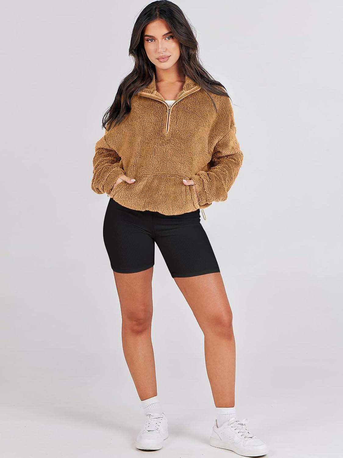 imageANRABESS Sweatshirt for Women Zip Up Hoodies Cropped Pullover Fleece Hooded Sherpa Sweaters Tops 2025 Fall Winter ClothesLight Brwon