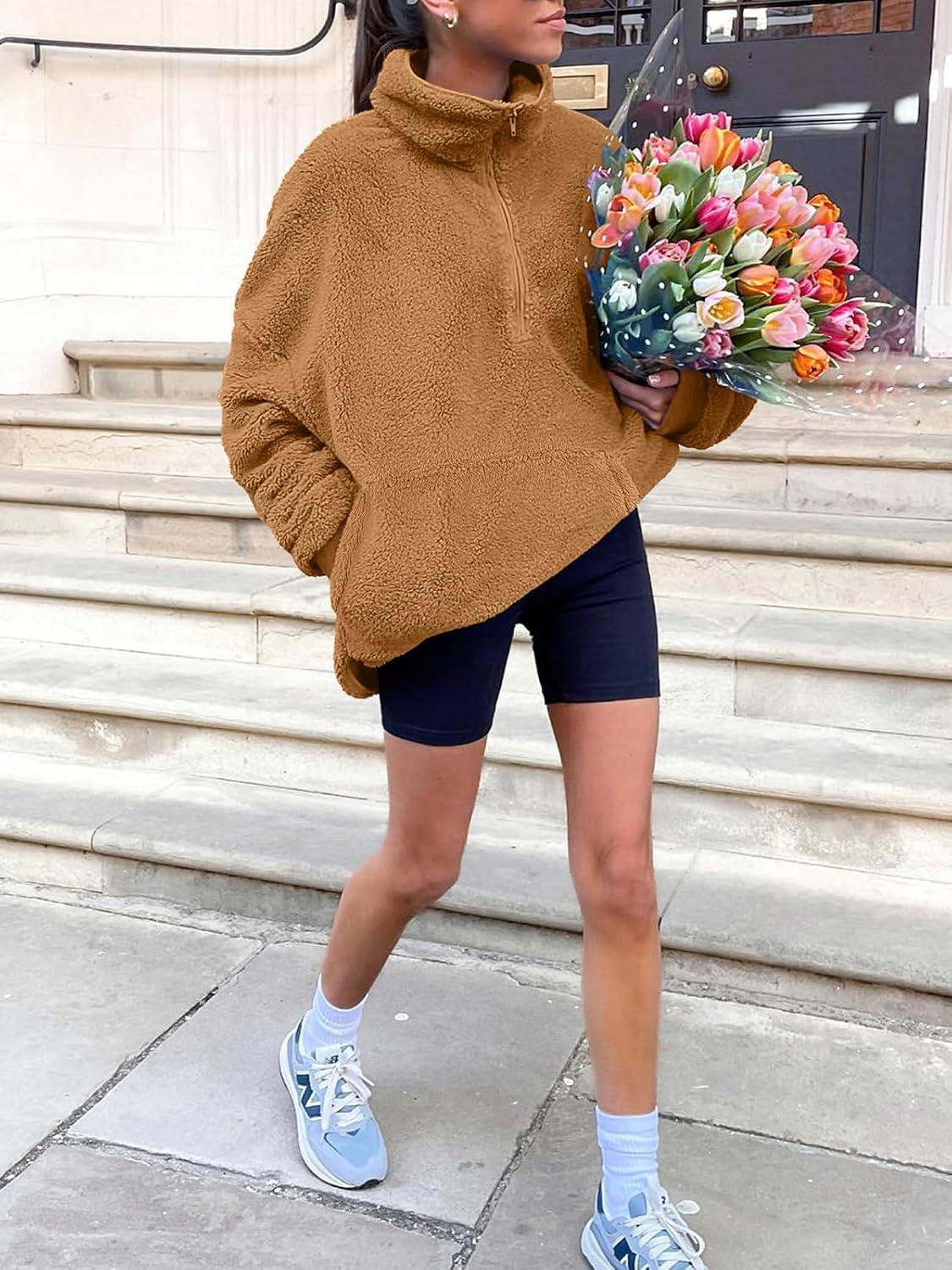 imageANRABESS Sweatshirt for Women Zip Up Hoodies Cropped Pullover Fleece Hooded Sherpa Sweaters Tops 2025 Fall Winter ClothesLight Brwon