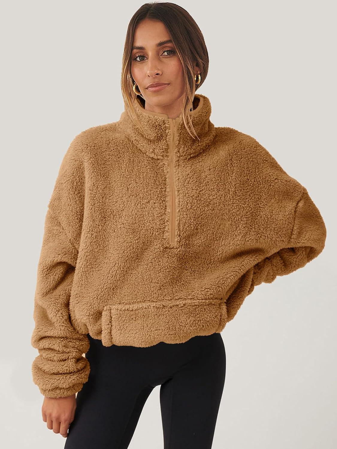 imageANRABESS Sweatshirt for Women Zip Up Hoodies Cropped Pullover Fleece Hooded Sherpa Sweaters Tops 2025 Fall Winter ClothesLight Brwon