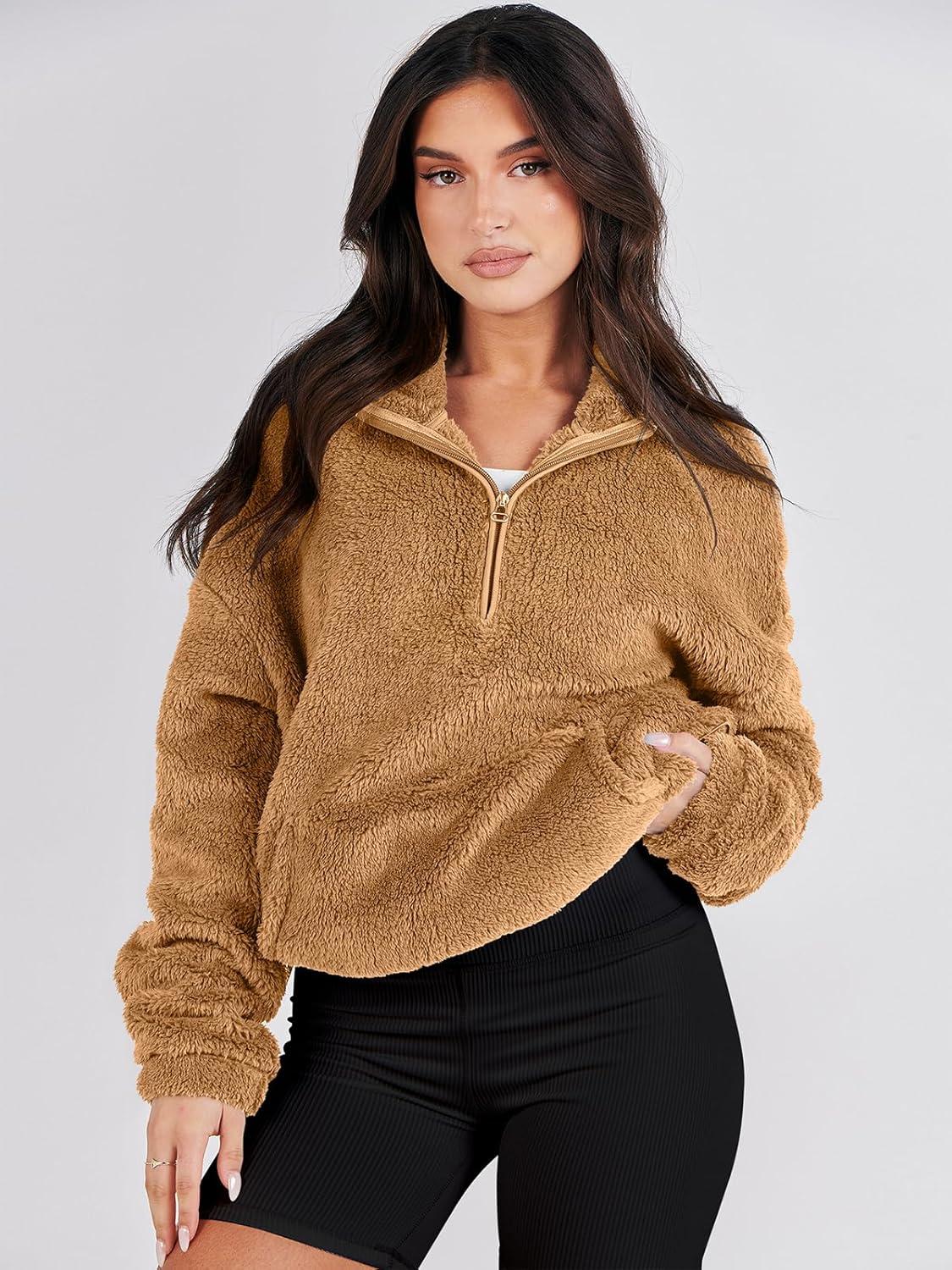 imageANRABESS Sweatshirt for Women Zip Up Hoodies Cropped Pullover Fleece Hooded Sherpa Sweaters Tops 2025 Fall Winter ClothesLight Brwon