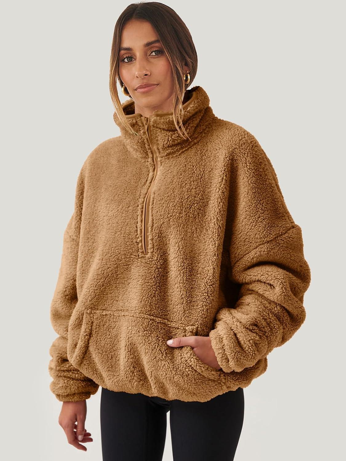 imageANRABESS Sweatshirt for Women Zip Up Hoodies Cropped Pullover Fleece Hooded Sherpa Sweaters Tops 2025 Fall Winter ClothesLight Brwon