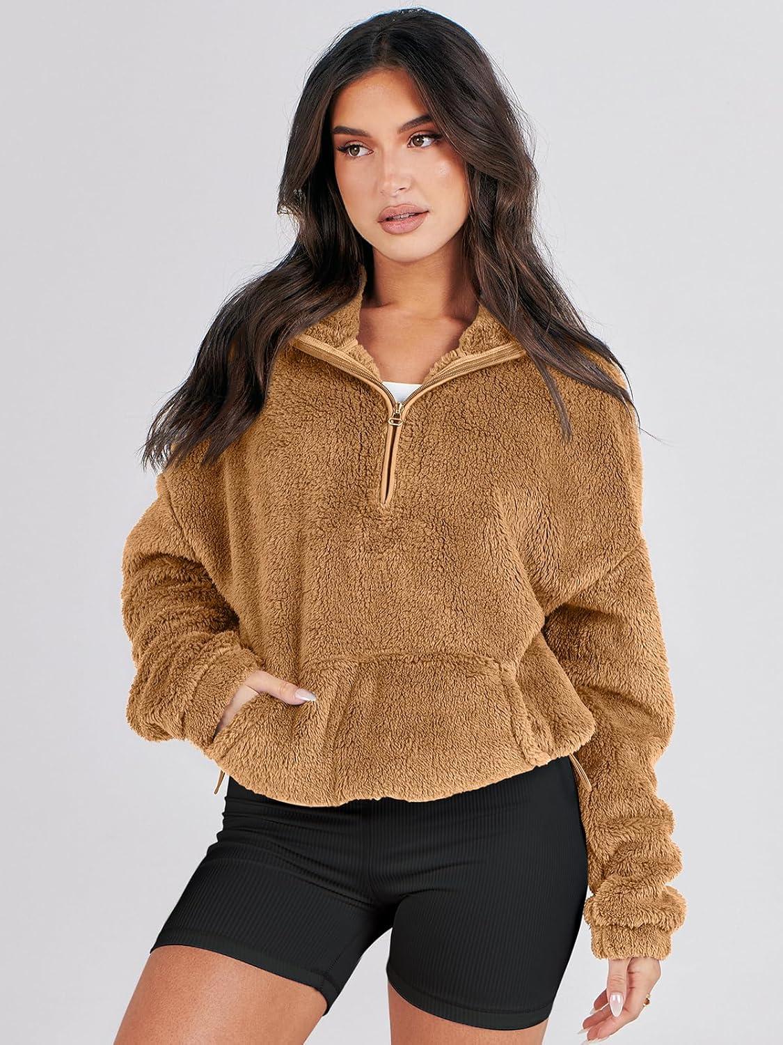 imageANRABESS Sweatshirt for Women Zip Up Hoodies Cropped Pullover Fleece Hooded Sherpa Sweaters Tops 2025 Fall Winter ClothesLight Brwon