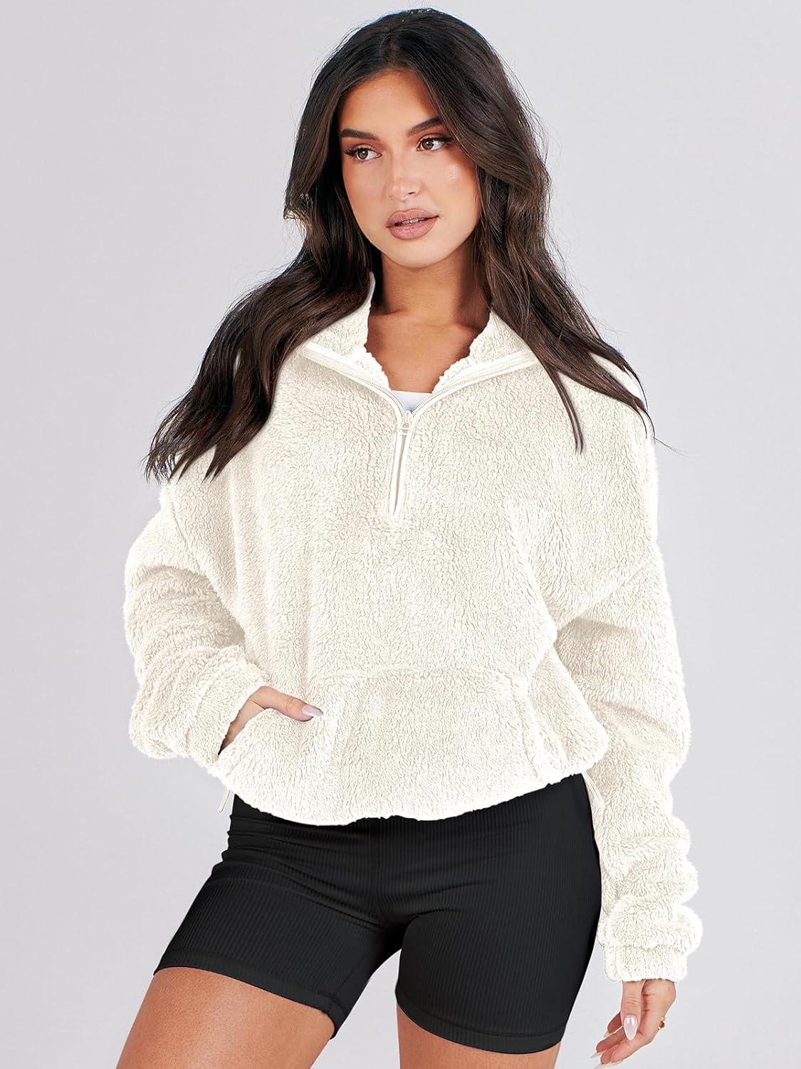 imageANRABESS Sweatshirt for Women Zip Up Hoodies Cropped Pullover Fleece Hooded Sherpa Sweaters Tops 2025 Fall Winter ClothesOffwhite